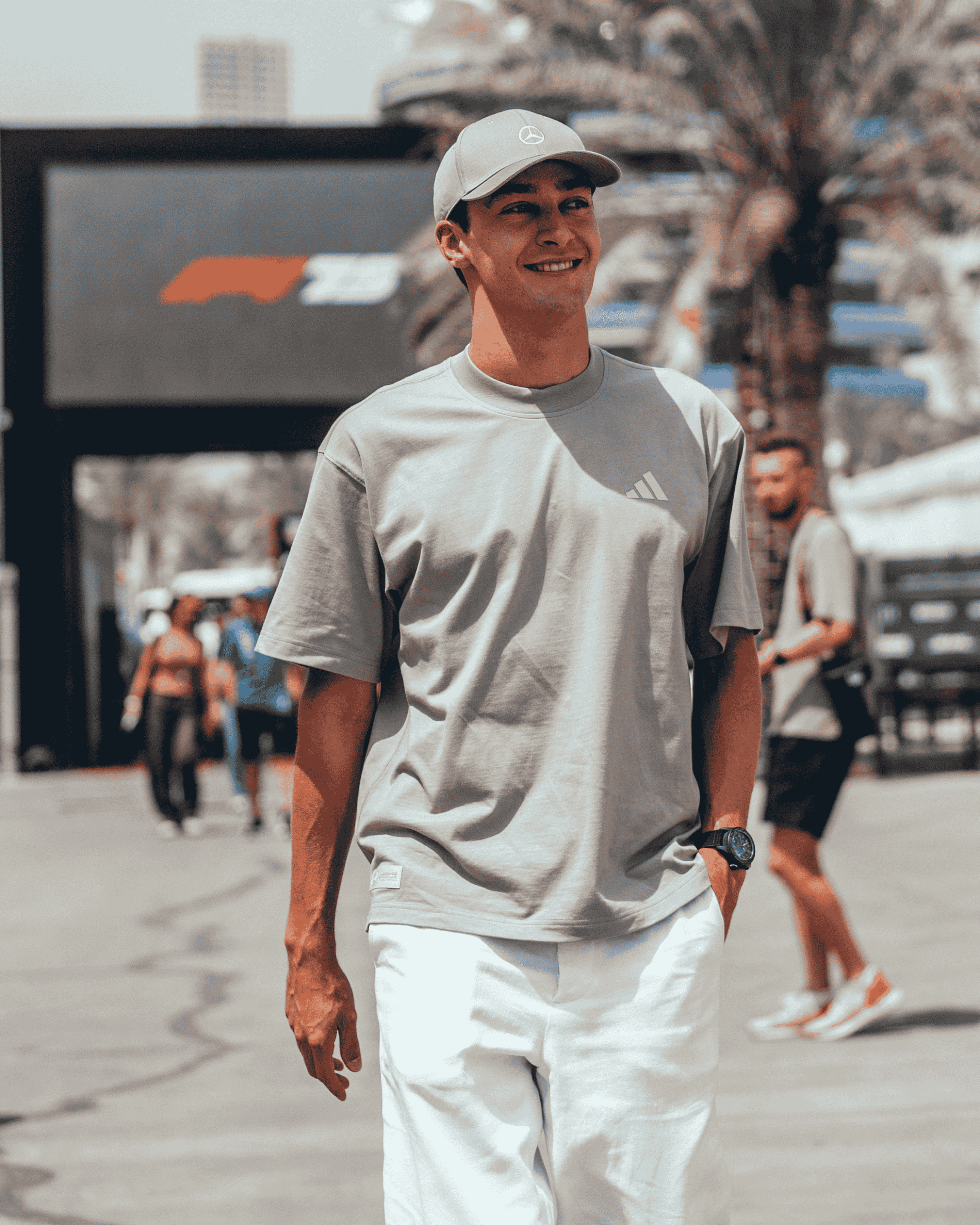 Mens Premium Sweat T-Shirt Beige — primary product view showing Mercedes-AMG PETRONAS F1 styling and product details | Dash Racegear