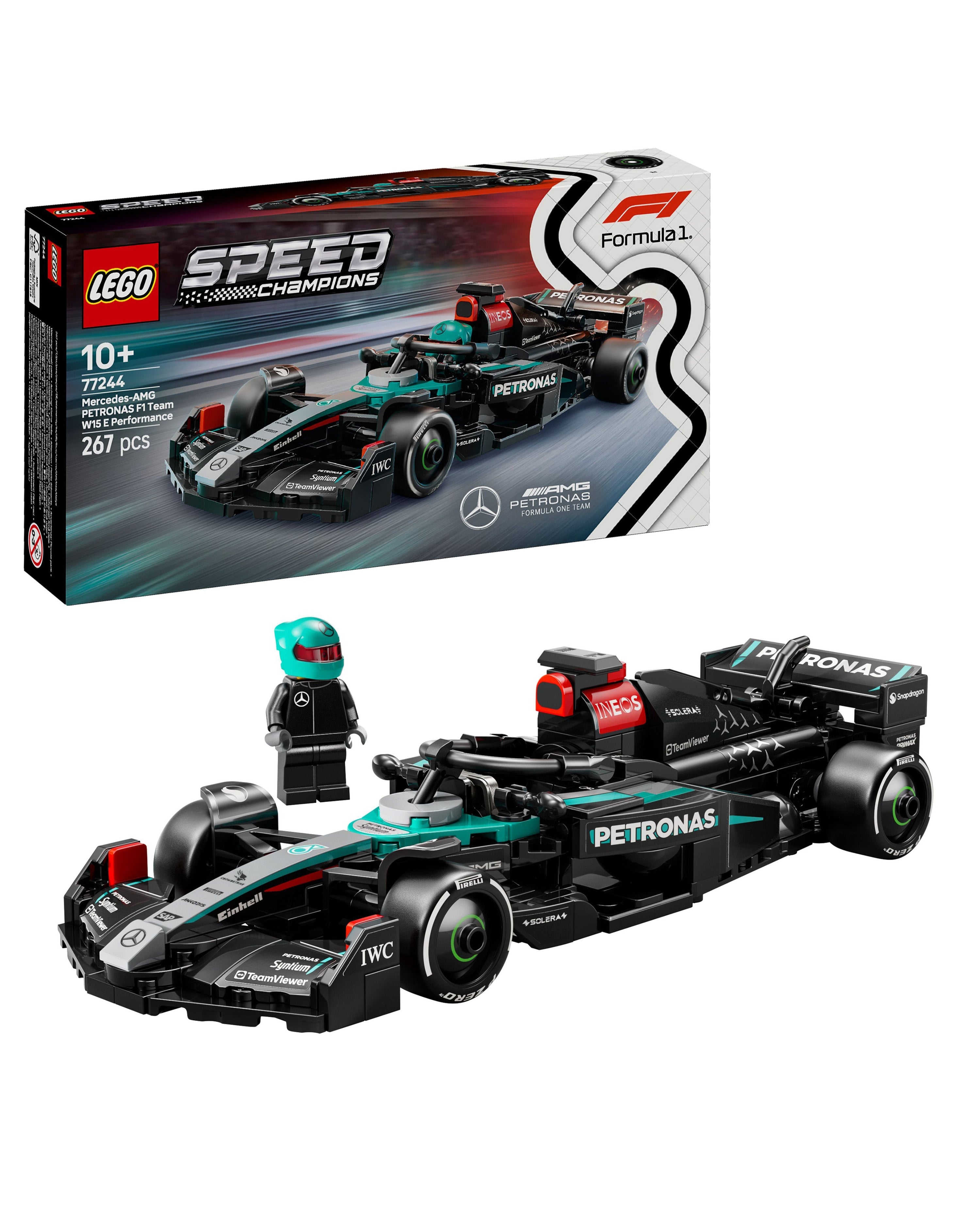 LEGO® Speed Champions Mercedes-AMG F1 W15 Race Car — close-up design detail showing Mercedes-AMG PETRONAS F1 styling and product details | Dash Racegear