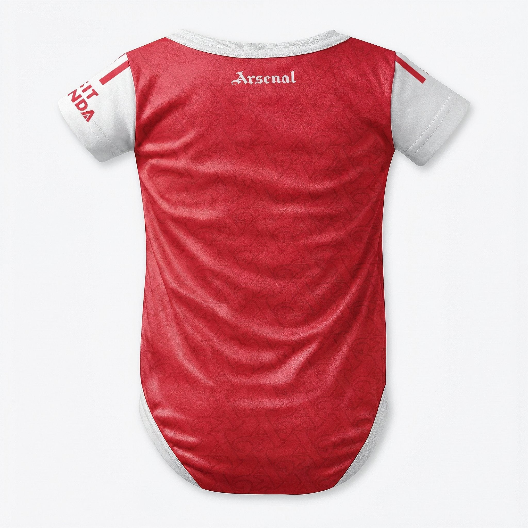 25/26 Arsenal Baby Bodysuit - Arsenal 25/26 baby bodysuit back view red kit with Arsenal script text at collar white sleeves | Dash Racegear