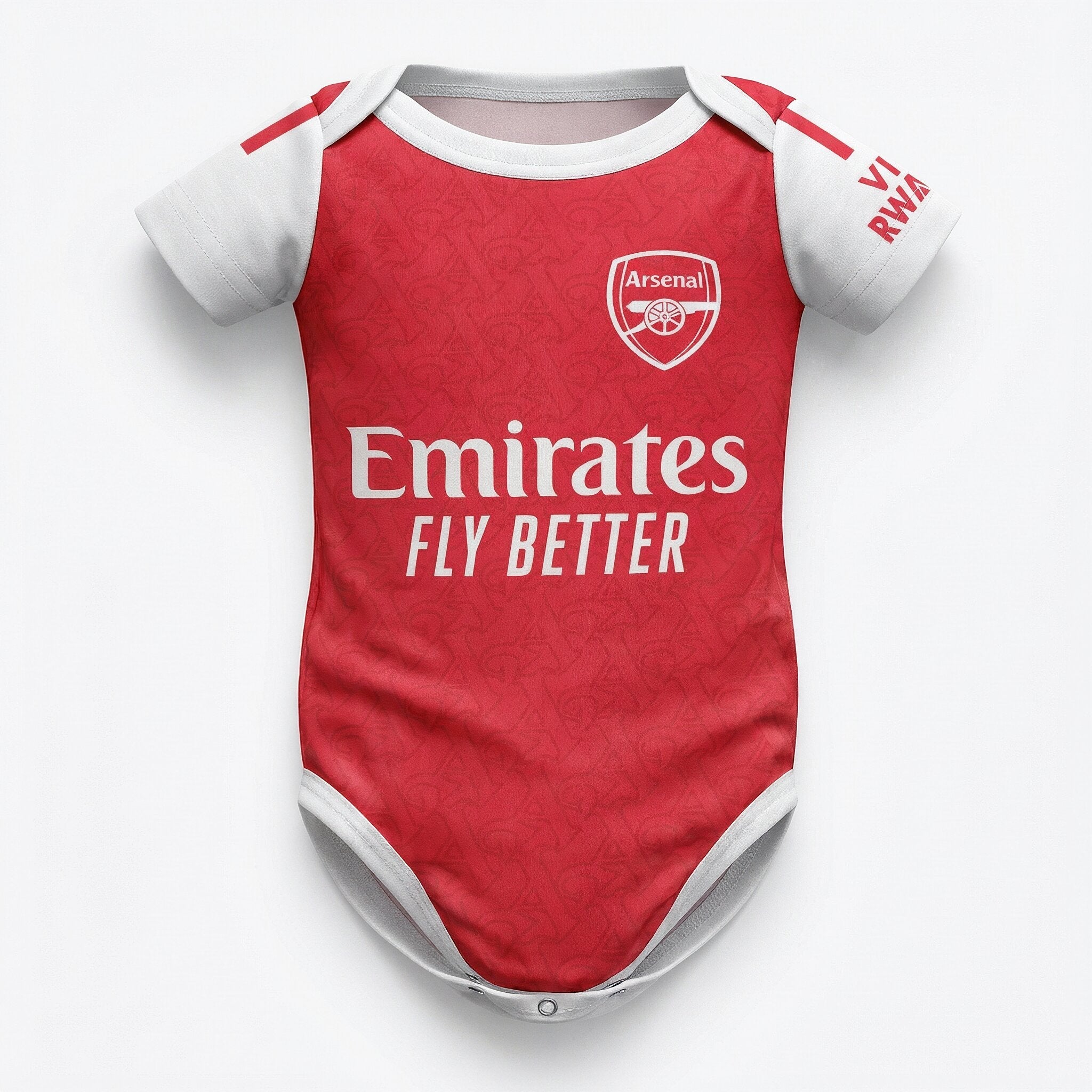 25/26 Arsenal Baby Bodysuit - Arsenal 25/26 baby bodysuit front view red kit with Emirates Fly Better sponsor and cannon crest | Dash Racegear
