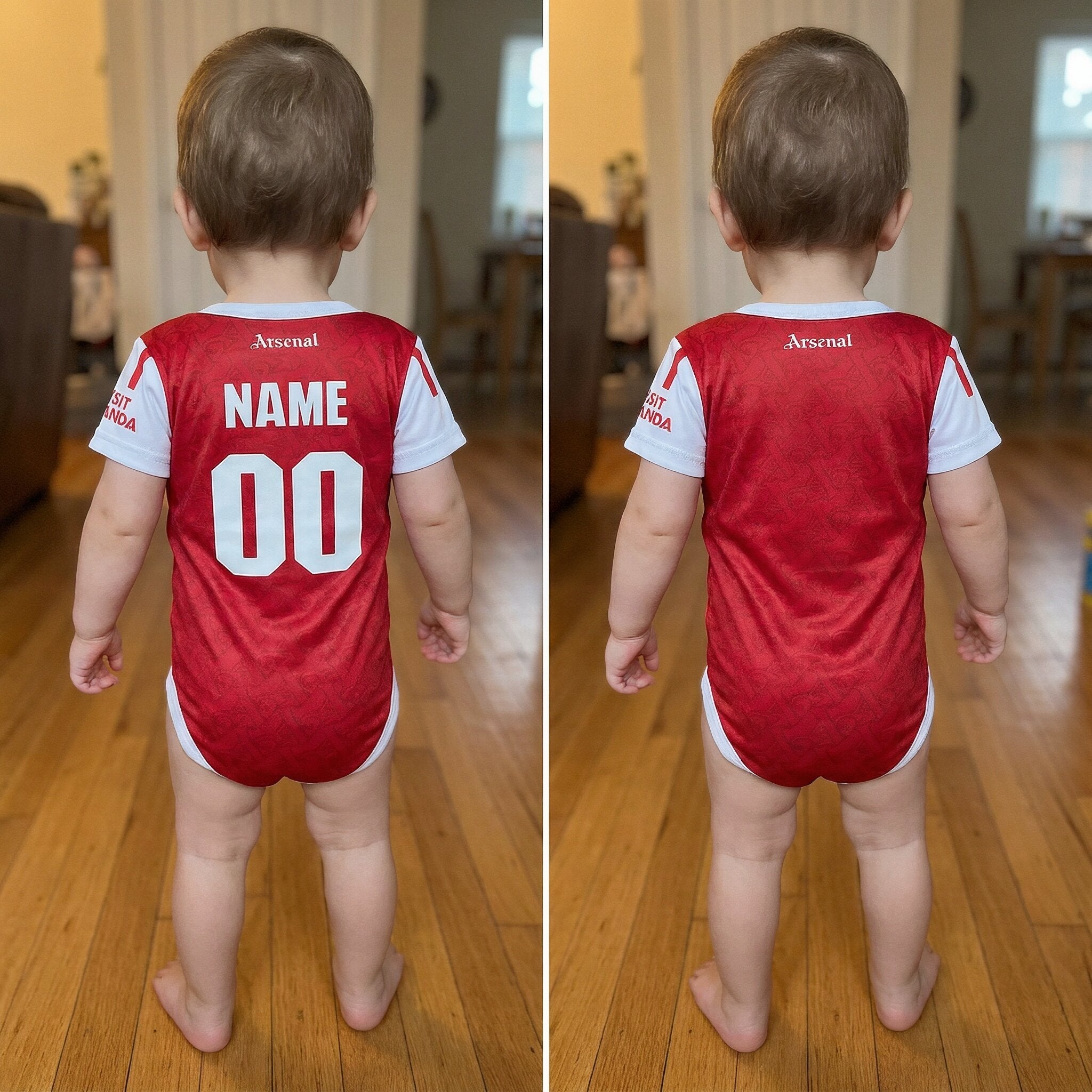 25/26 Arsenal Baby Bodysuit - toddler wearing Arsenal 25/26 bodysuit from behind showing custom name and number print option | Dash Racegear