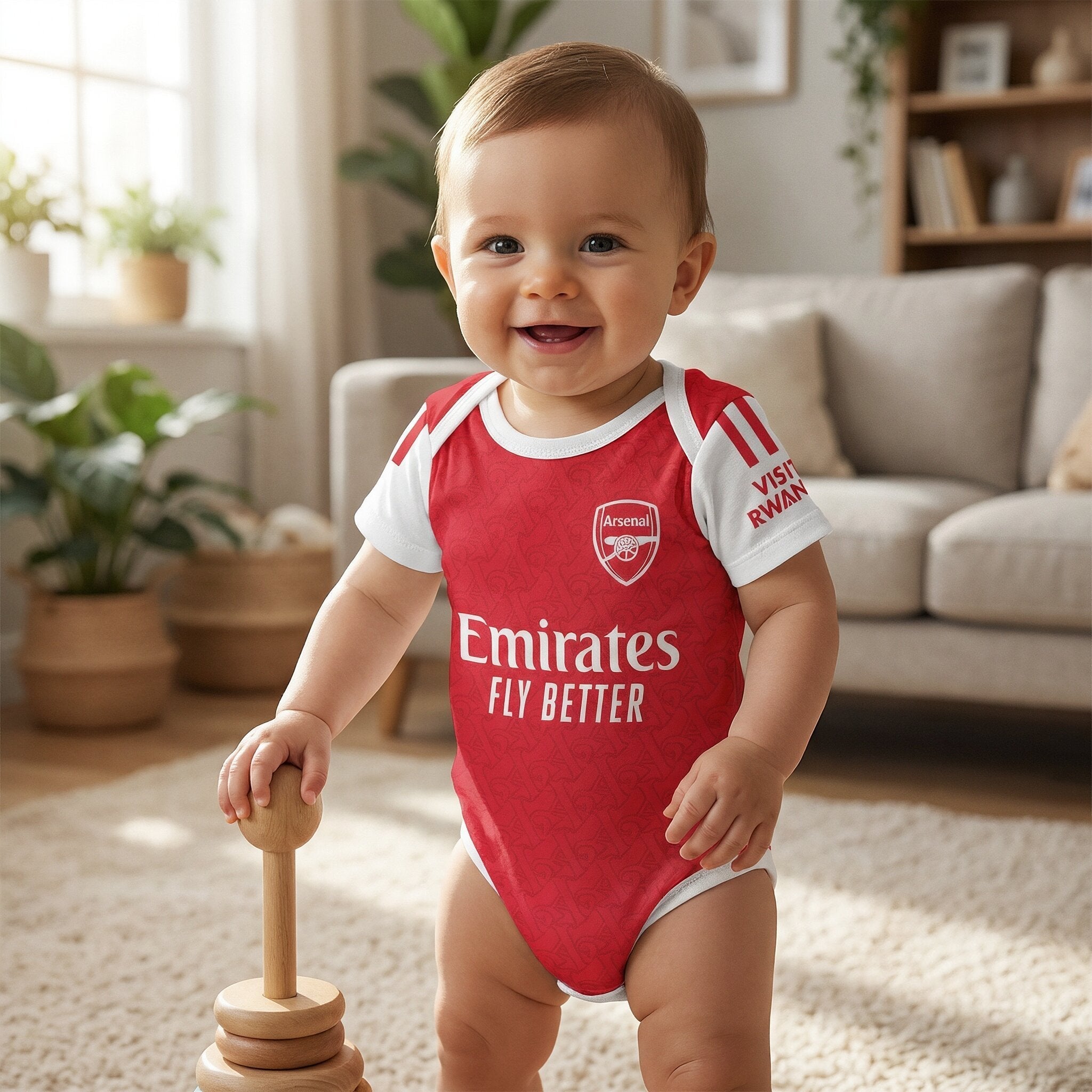 25/26 Arsenal Baby Bodysuit - smiling baby wearing Arsenal 25/26 red bodysuit standing in bright living room with wooden toy | Dash Racegear