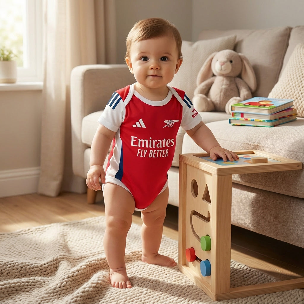 24/25 Arsenal Baby Bodysuit - baby wearing Arsenal football onesie standing up | Dash Racegear