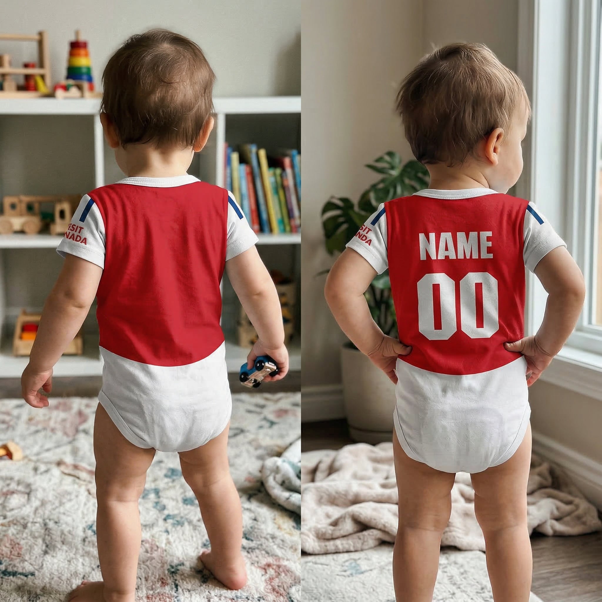 24/25 Arsenal Baby Bodysuit - side by side collage of arsenal babby onesie worn by a toddler with and without personalization | Dash Racegear