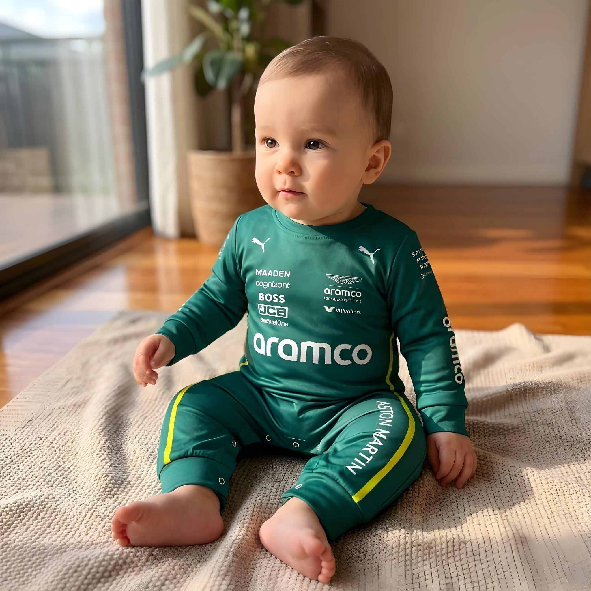 Aston Martin Longsleeve Jumpsuit 2025 - baby sitting down wearing aston martin jumpsuit | Dash Racegear