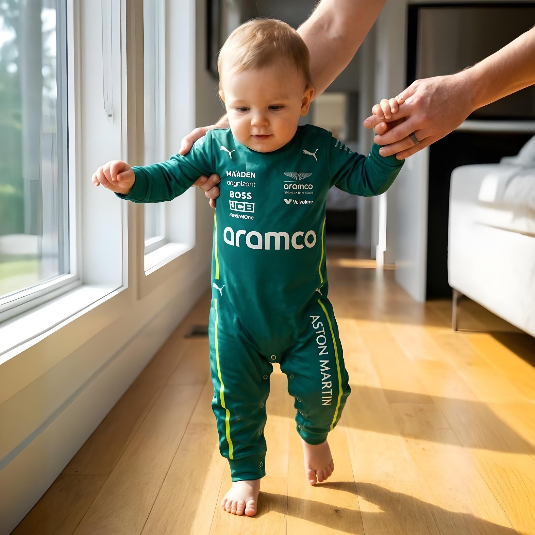 Aston Martin Longsleeve Jumpsuit 2025 - toddler taking first steps wearing aston martin baby romper | Dash Racegear