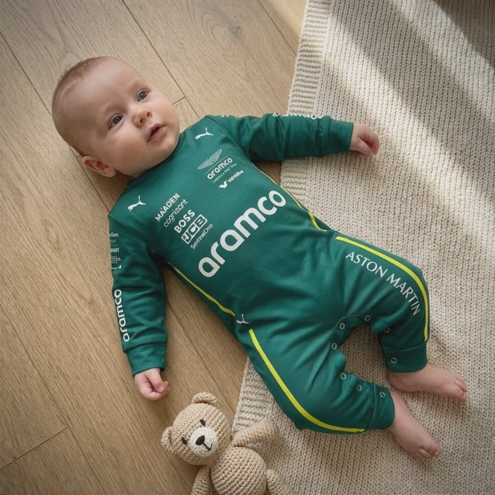 Aston Martin Longsleeve Jumpsuit 2025 - A video showcasing Aston Martin racing Formula One inspired baby oneise jumpsuit | Dash Racegear