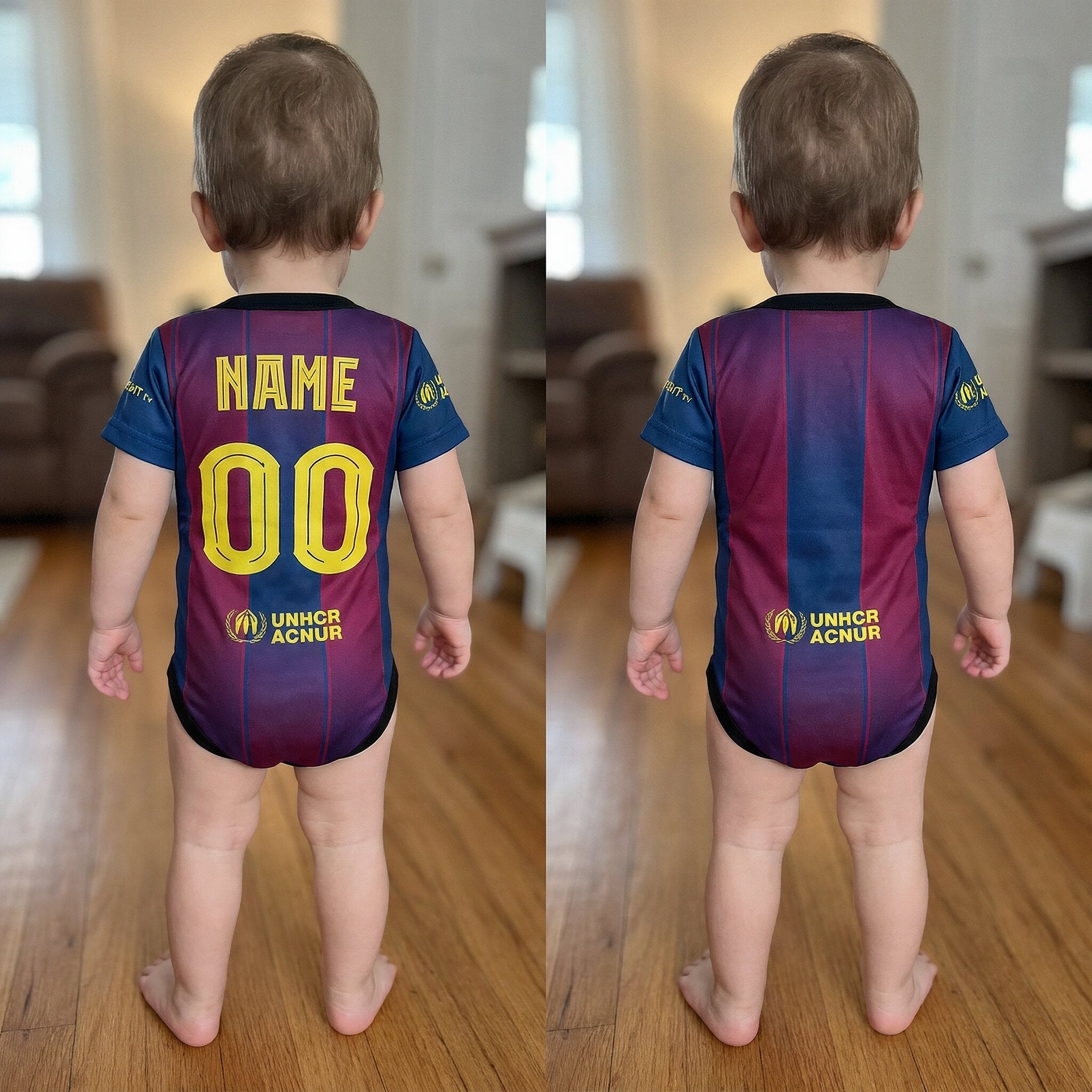 25/26 Barcelona Baby Bodysuit - baby wearing Barcelona 25/26 bodysuit back view - with and without custom name and number | Dash Racegear