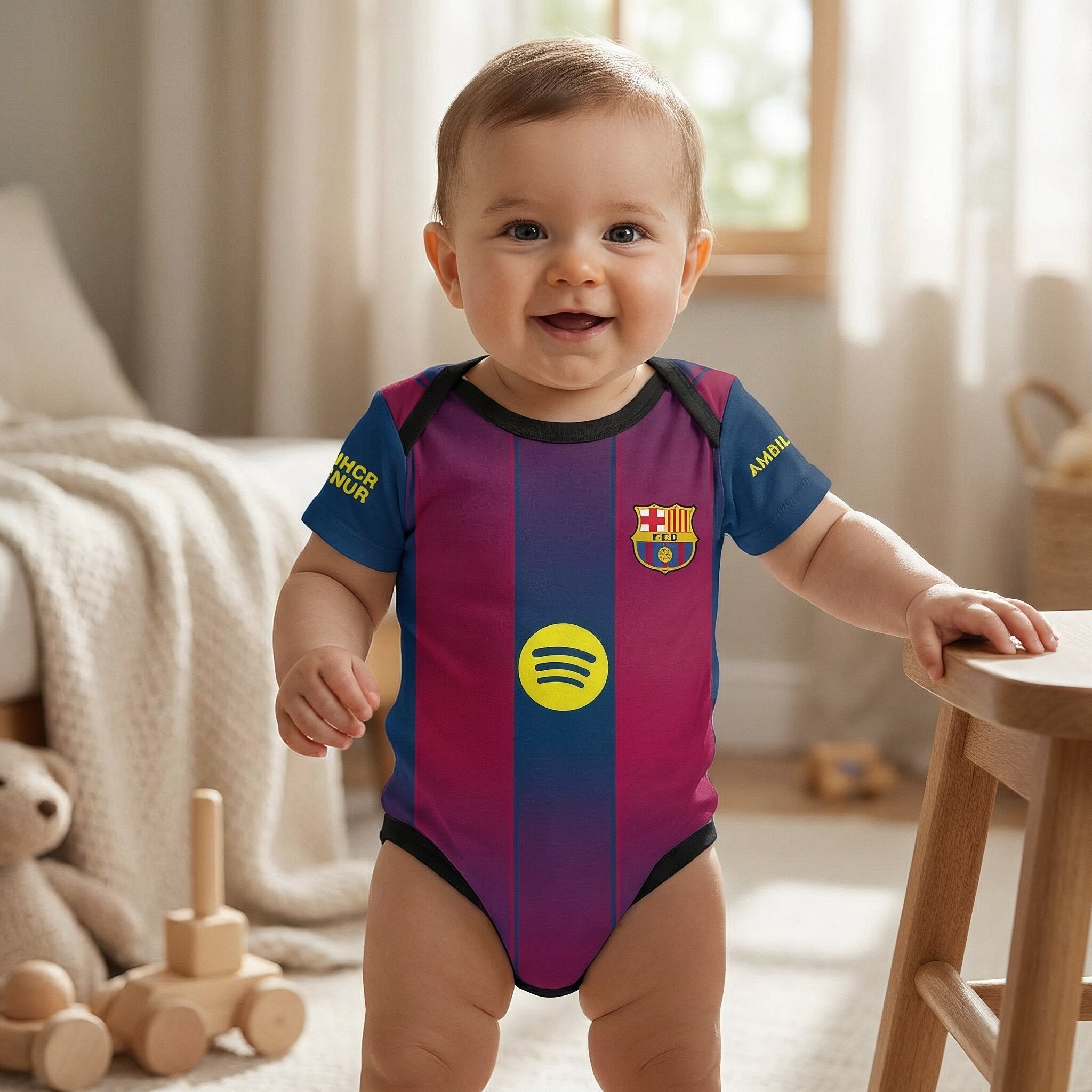 25/26 Barcelona Baby Bodysuit - smiling baby wearing Barcelona 25/26 FC Barcelona bodysuit standing in cozy nursery | Dash Racegear