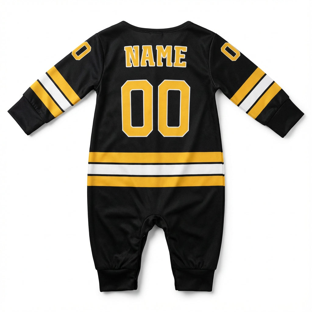 Boston Brunis - Hockey Baby Onesie Jumpsuit - back view of a boston bruin baby onesie jumpsuit against a white backdrop | Dash Racegear