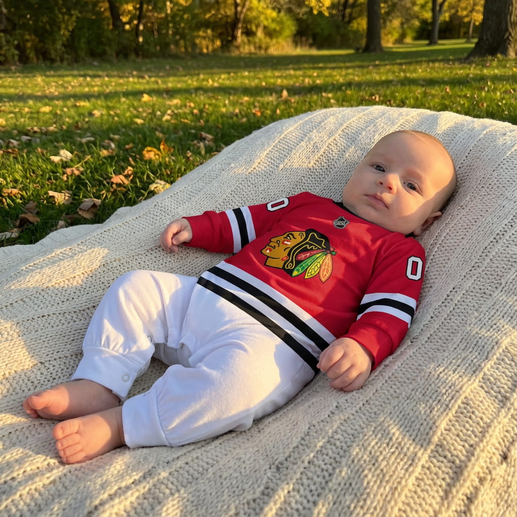 Chicago Blackhawks - Hockey Baby Onesie Jumpsuit - Baby Wearing Chickago Blackhawks Baby Onsie Jumpsuit Outdoors | Dash Racegear