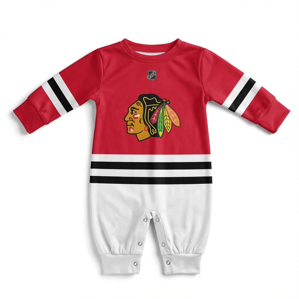 Chicago Blackhawks - Hockey Baby Onesie Jumpsuit - Chickago Blackhawks Baby Onsie Jumpsuit Front Facing | Dash Racegear