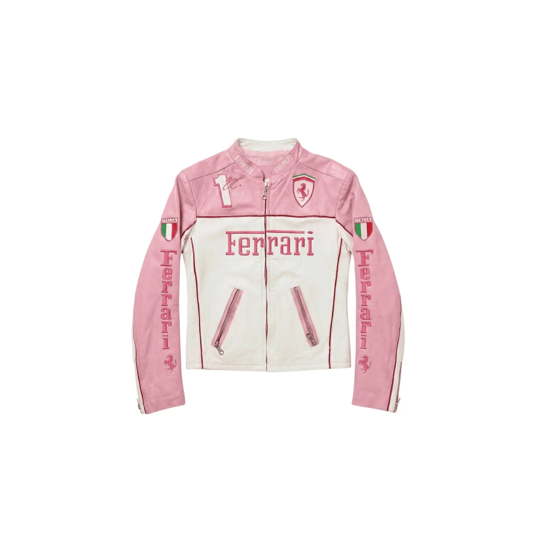 Ferrari F1 Vintage Racing Leather Jacket – Pink & White Edition image 1