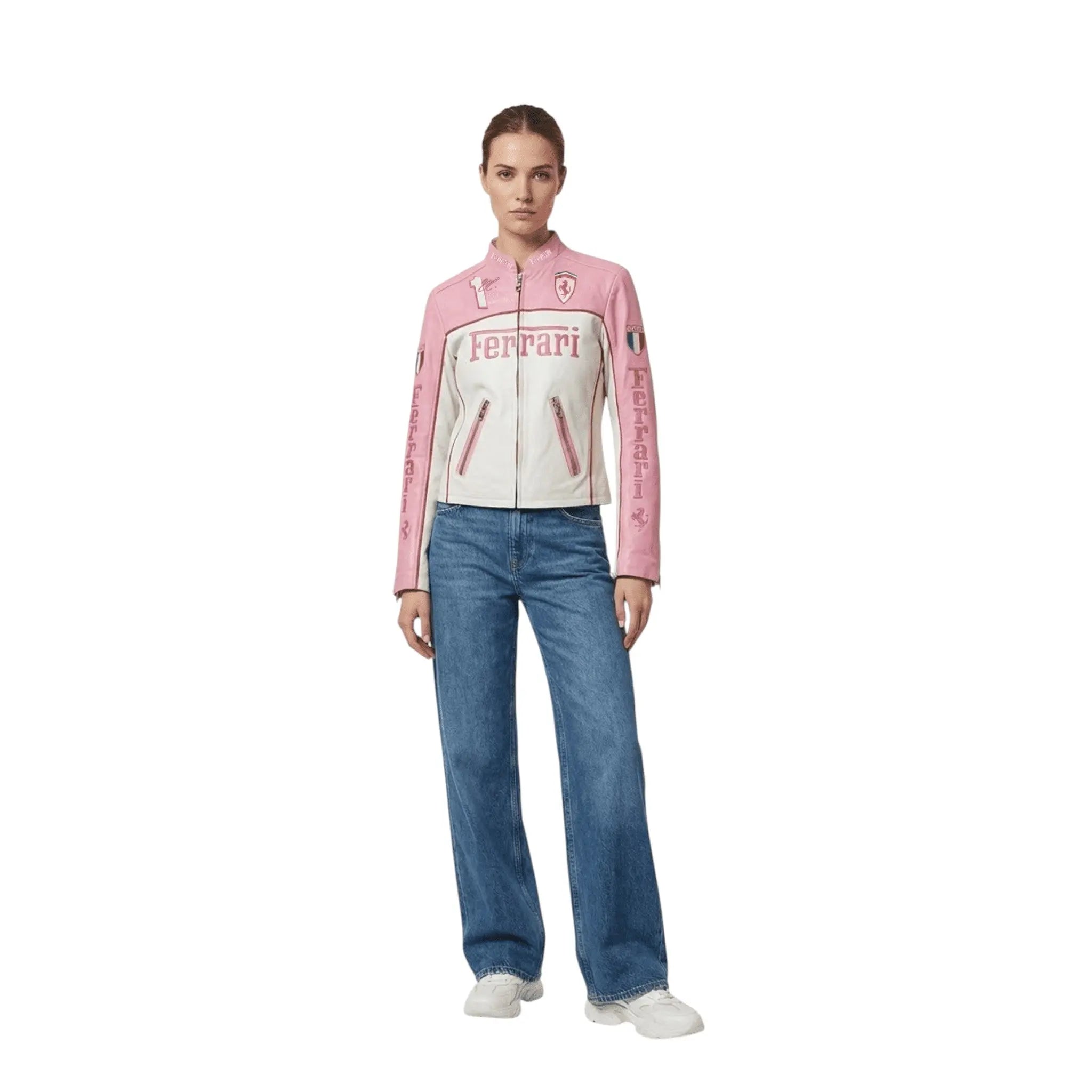Ferrari F1 Vintage Racing Leather Jacket – Pink & White Edition image 3