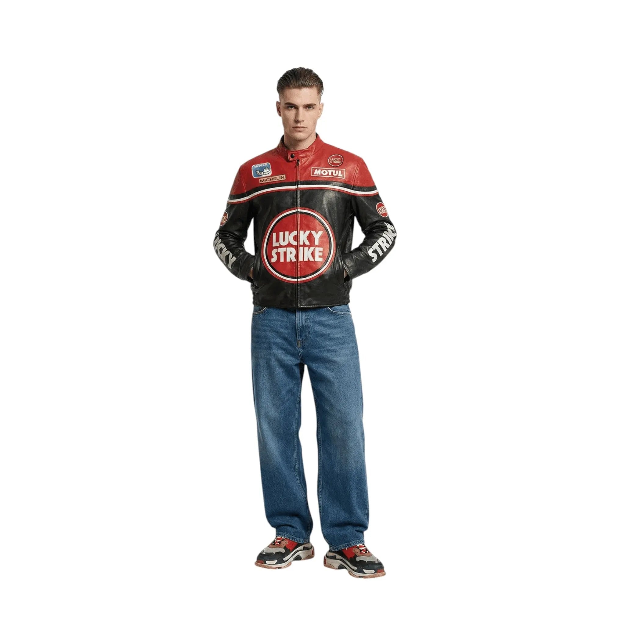 Lucky Strike Vintage Racing Leather Jacket - Red & Black Edition image 5