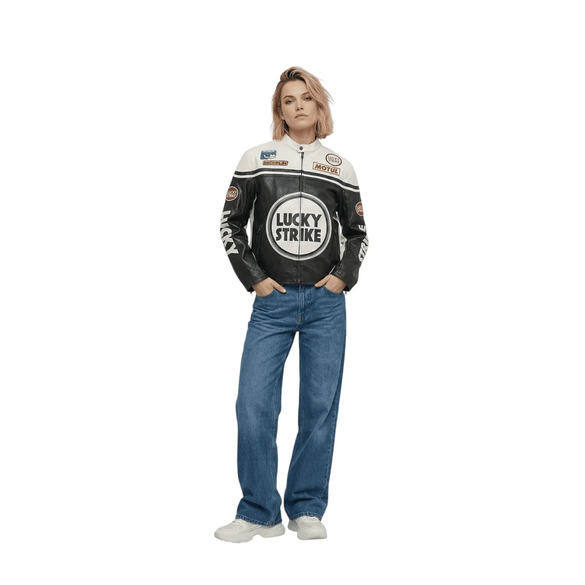 Lucky Strike Vintage Racing Leather Jacket – White & Black Edition image 3