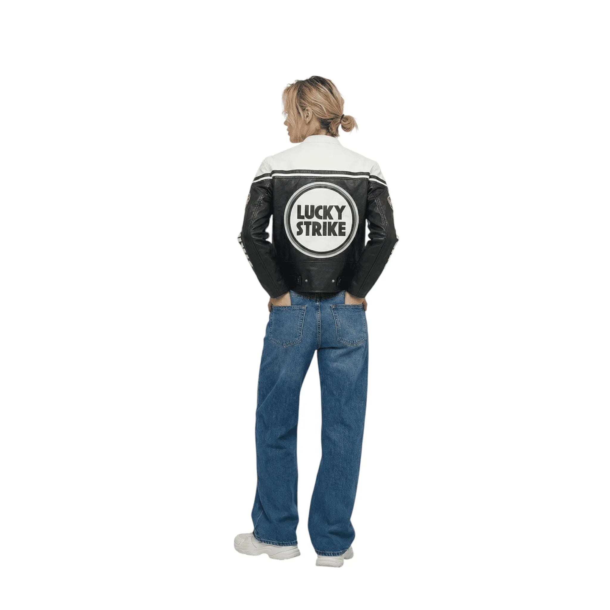 Lucky Strike Vintage Racing Leather Jacket – White & Black Edition image 4