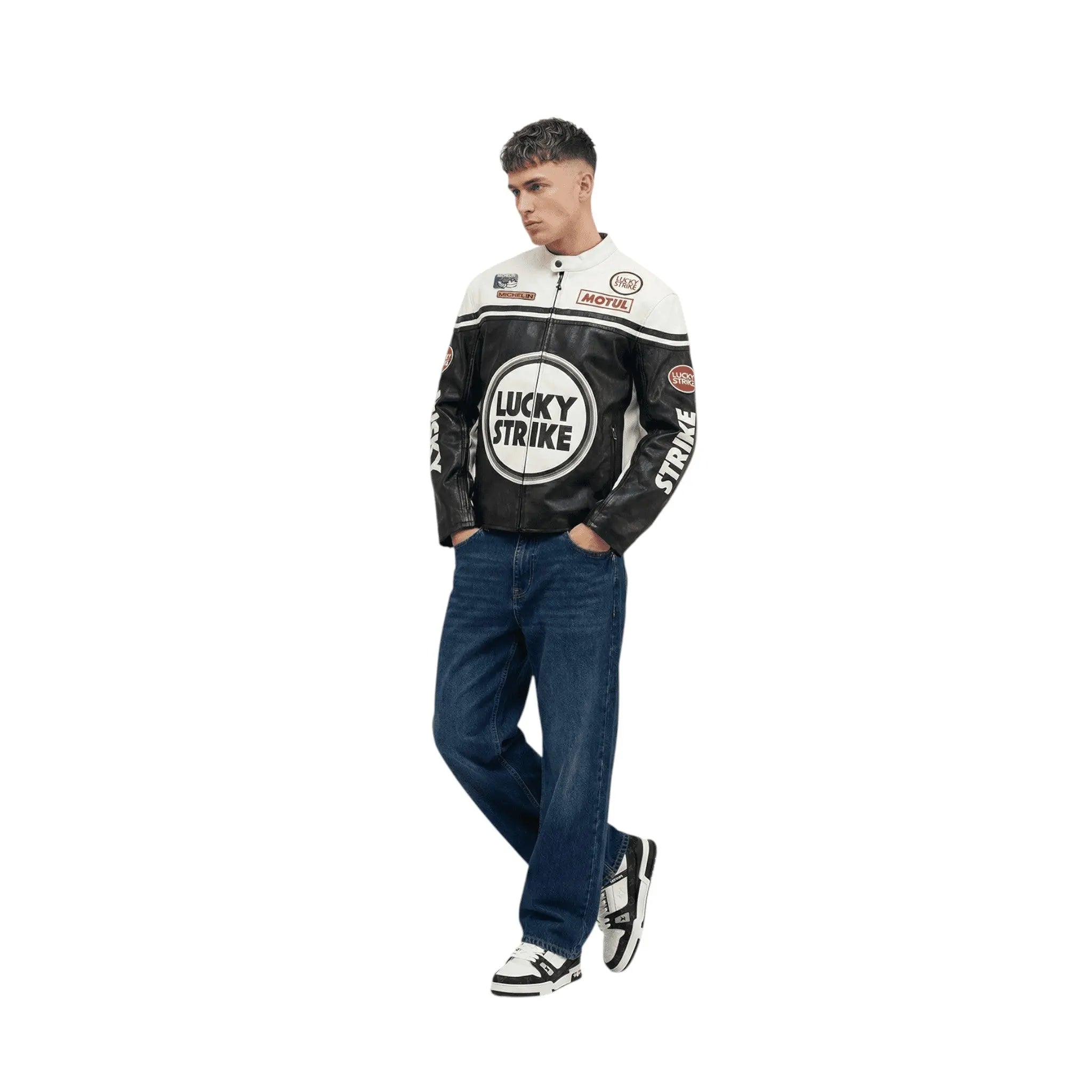 Lucky Strike Vintage Racing Leather Jacket – White & Black Edition image 5