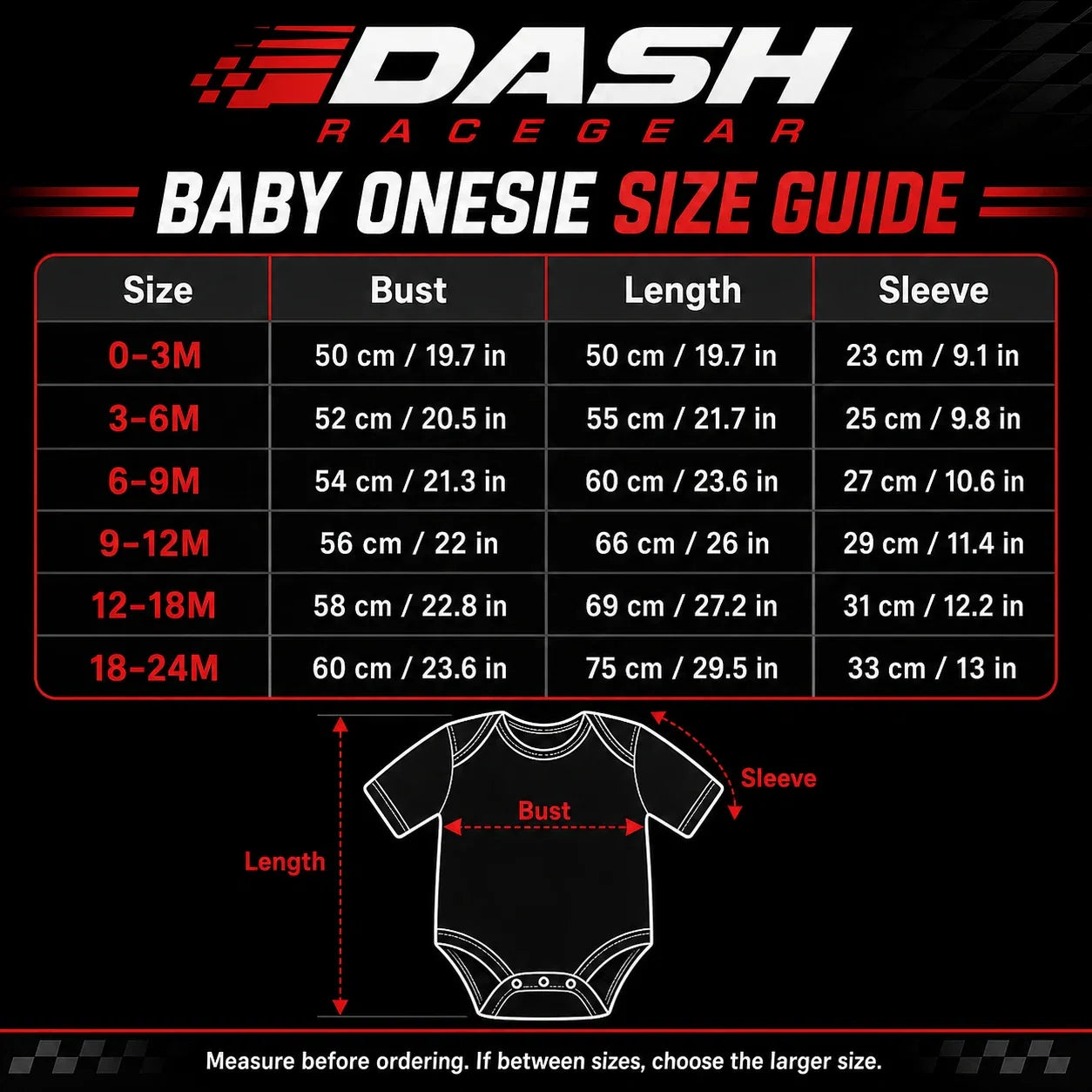 Red Bull Longsleeve Onesie Jumpsuit - 2026  New Season baby onesie size guide with bust, length and sleeve measurements | Dash Racegear