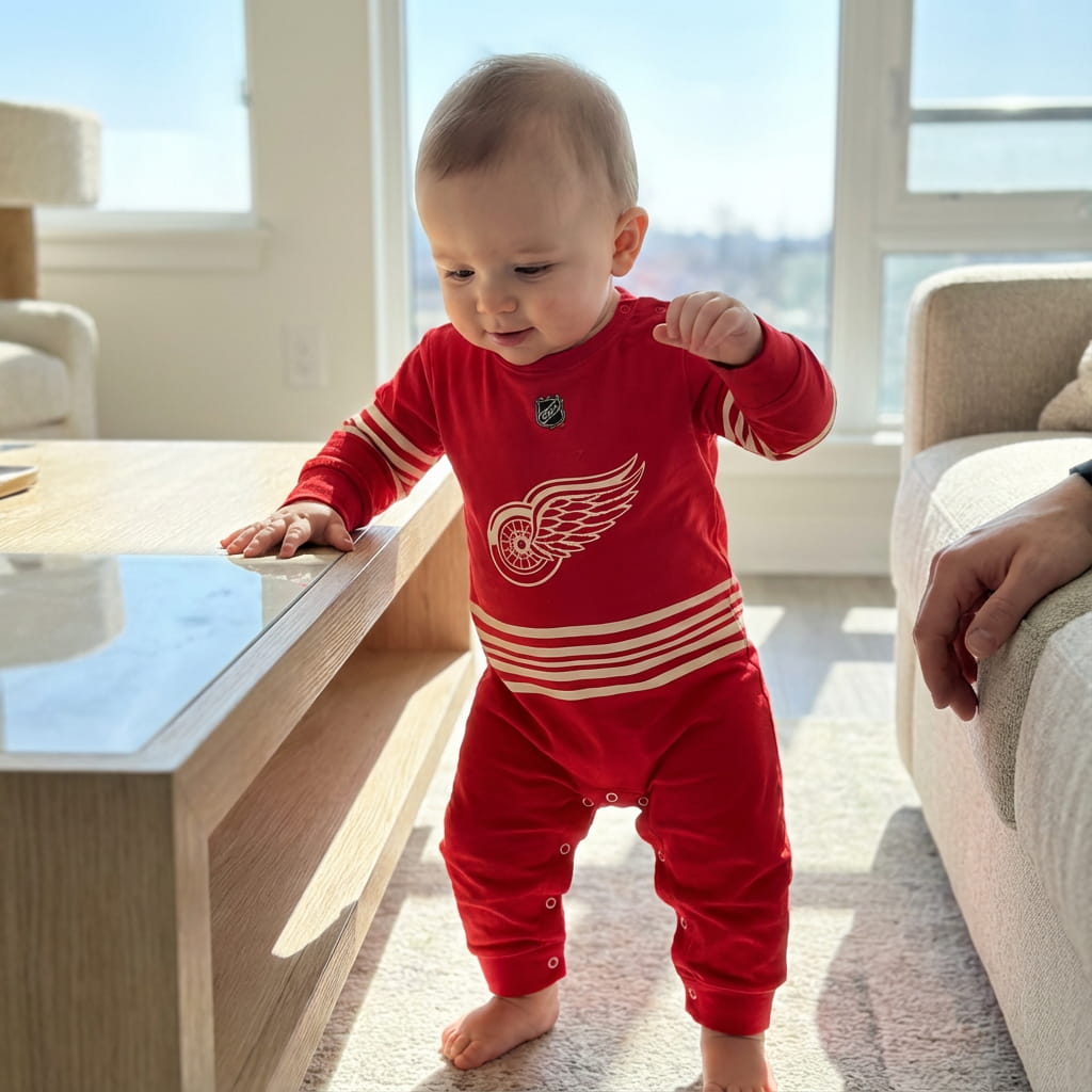 Detroit Red Wings - Hockey Baby Onesie Jumpsuit - Baby wearing a Detroit Red Wings Hockey Baby onesie jumpsuit | Dash Racegear