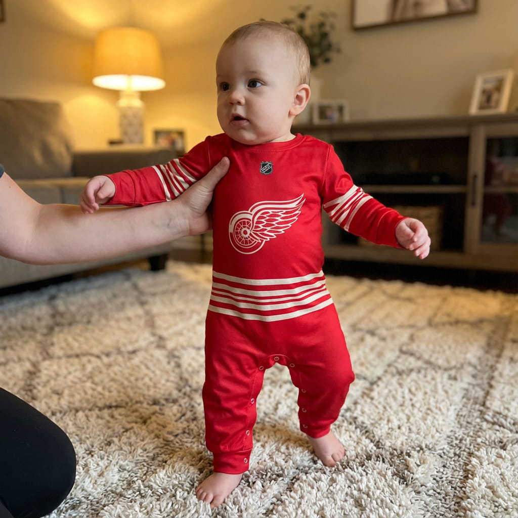 Detroit Red Wings - Hockey Baby Onesie Jumpsuit - Baby taking first steps wearing the Detroit Red Wings Hockey Baby onesie jumpsuit  | Dash Racegear