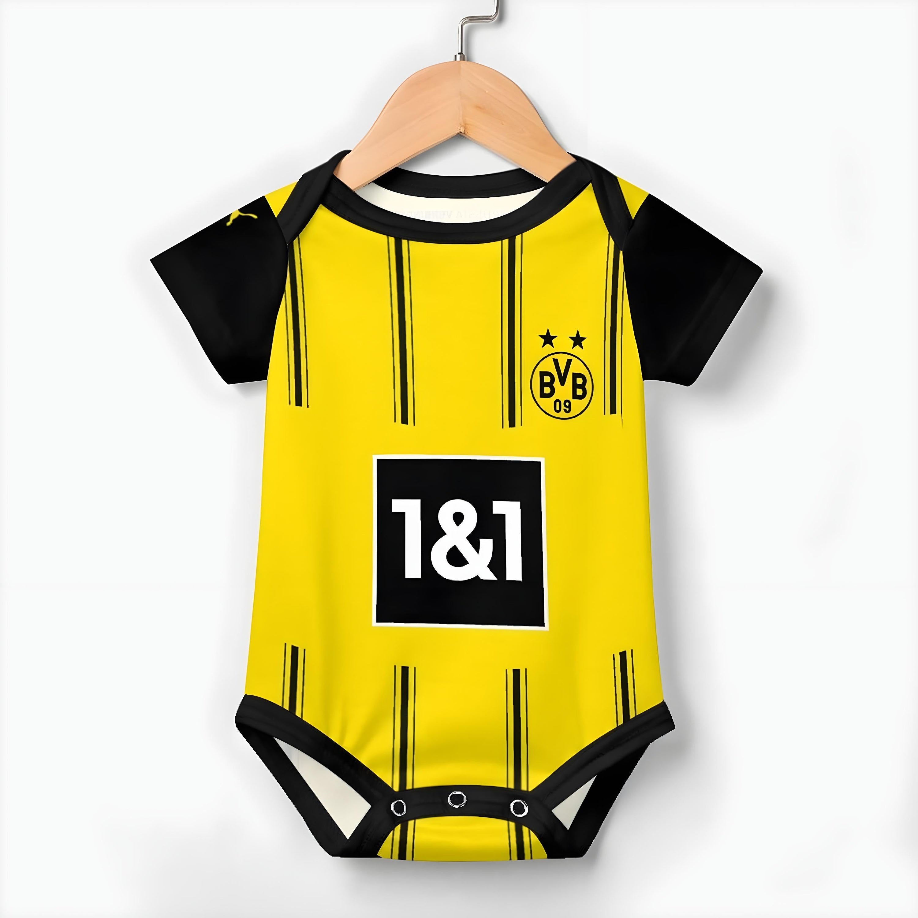 24/25 Dortmund Baby Bodysuit - Borussia Dortmund baby onesie hanging on a hanger against a white backdrop | Dash Racegear