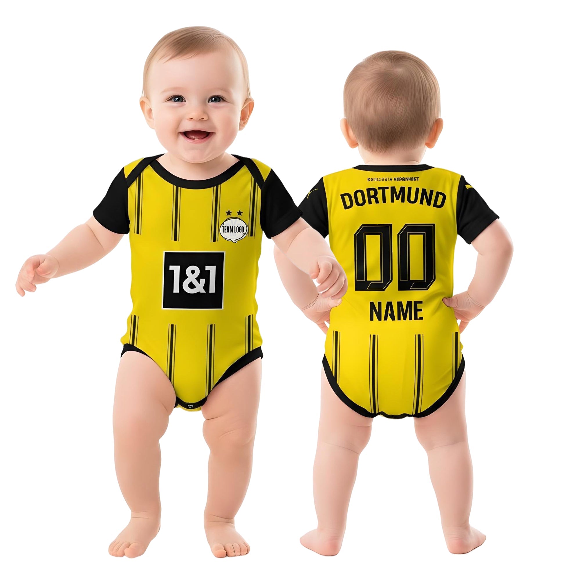 24/25 Dortmund Baby Bodysuit - Borussia Dortmund fron and back view collage with a toddler wearing the bodysuit | Dash Racegear