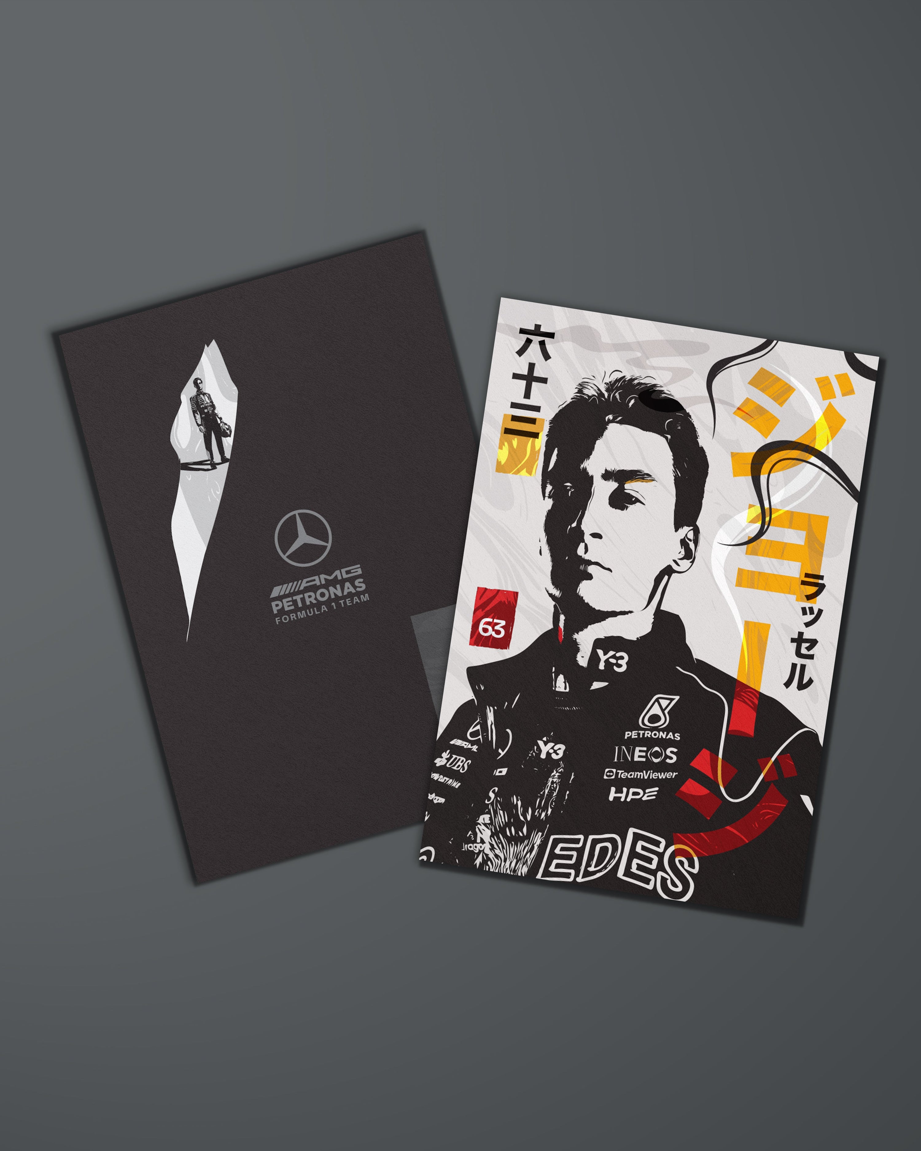 Special Edition Japan Driver Cards — close-up design detail showing Mercedes-AMG PETRONAS F1 styling and product details | Dash Racegear