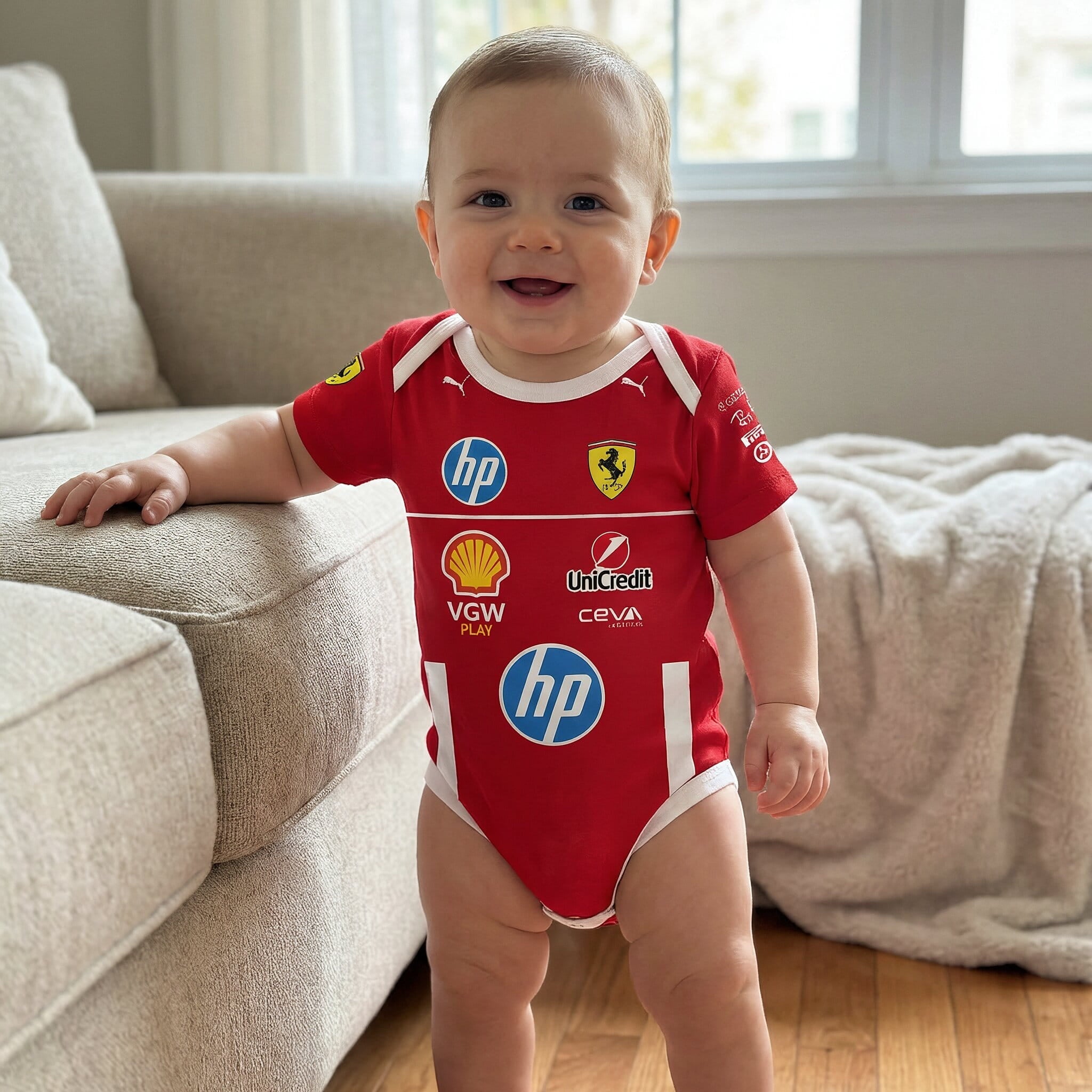 Ferrari Inspired Baby Bodysuit Onesie 2025 - baby wearing a short sleeved ferrari bodysuit onesie in a living room setting | Dash Racegear