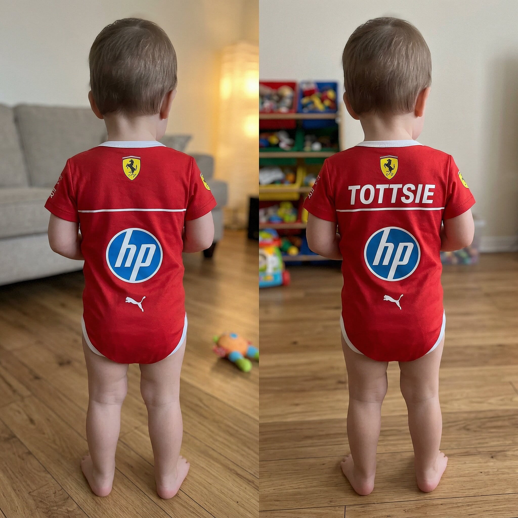 Ferrari Inspired Baby Bodysuit Onesie 2025 - side by side comparison of two toddlers wearing ferrari bdysuits with and without personalization | Dash Racegear