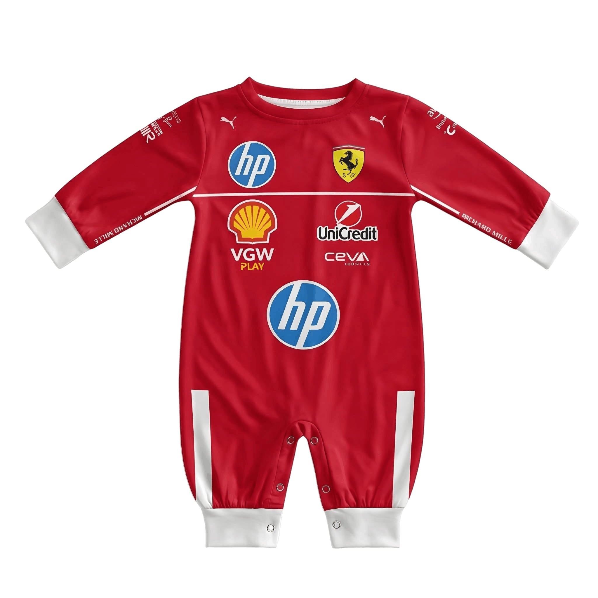 Ferrari inspired Longsleeve Jumpsuit 2025 - scuderia ferrari baby onesie jumpsuit front | Dash Racegear