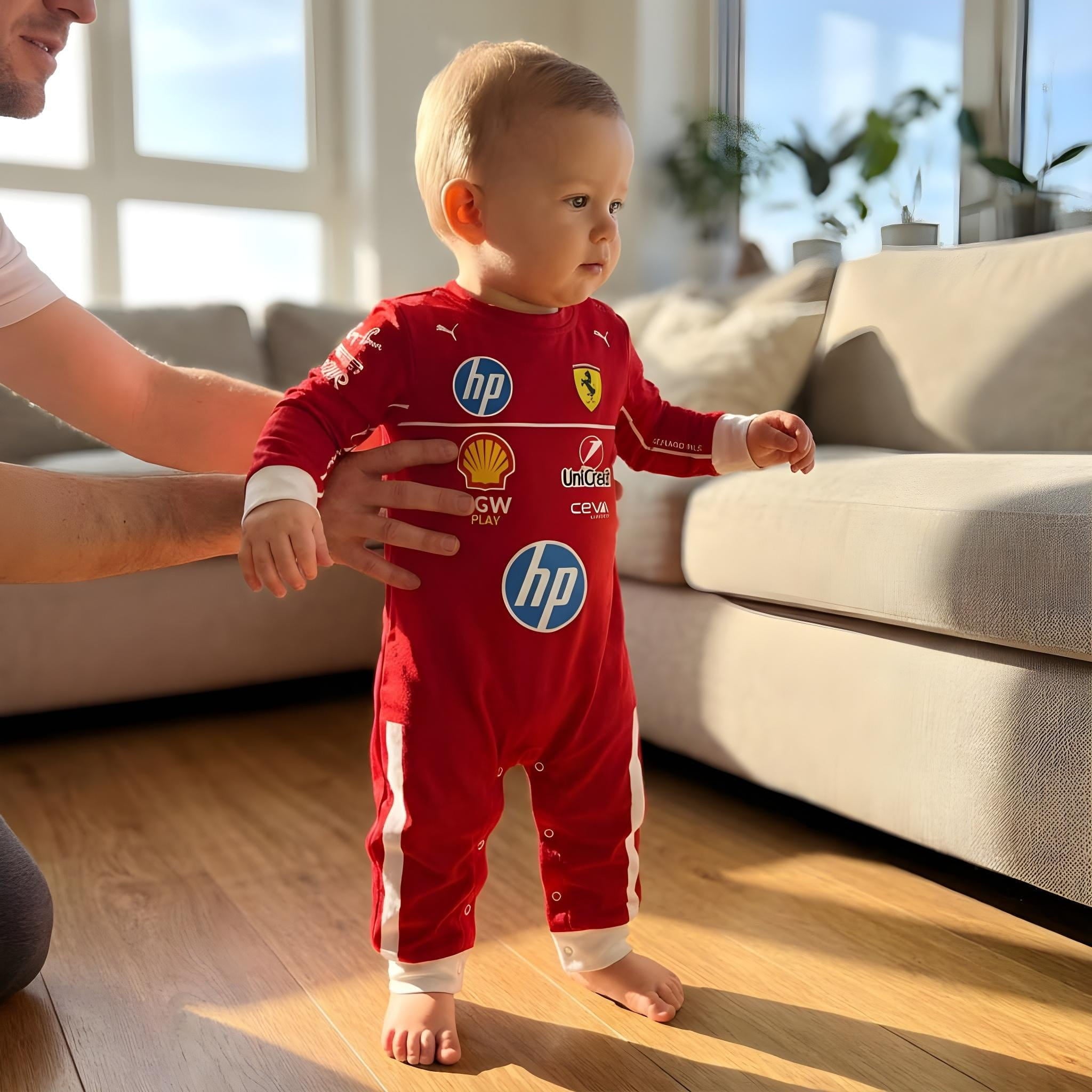 Ferrari inspired Longsleeve Jumpsuit 2025 - baby wearing a scuderia ferrari baby onesie jumpsuit | Dash Racegear