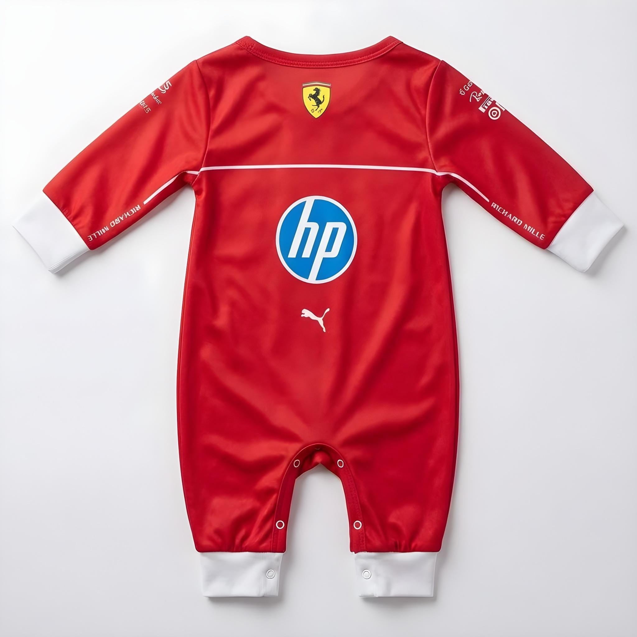 Ferrari inspired Longsleeve Jumpsuit 2025 - Scuderia Ferrari Baby Onesie Jumpsuit Laid Flat Back Shot | Dash Racegear