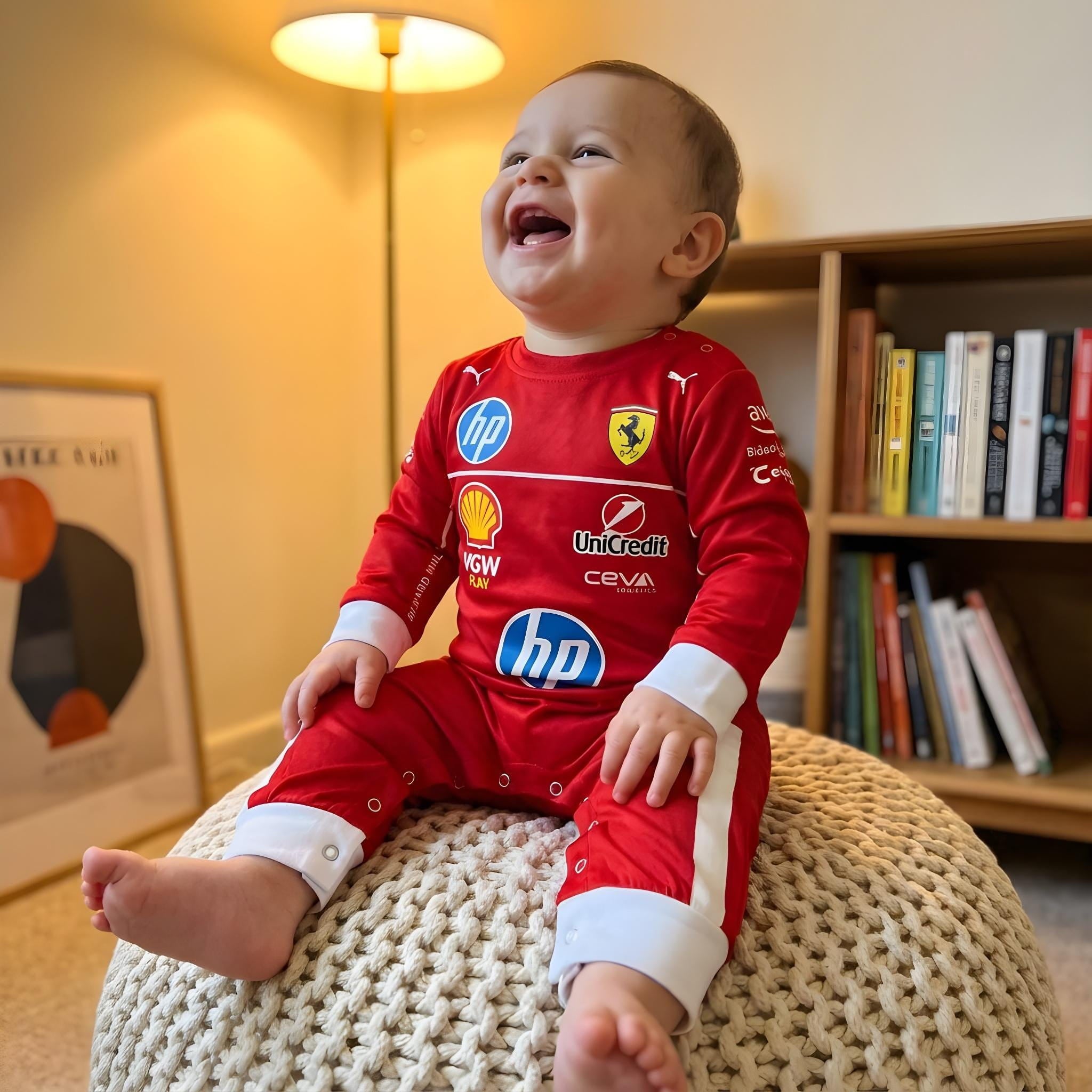 Ferrari inspired Longsleeve Jumpsuit 2025 - happy baby wearing a scuderia ferrari baby onesie jumpsuit | Dash Racegear