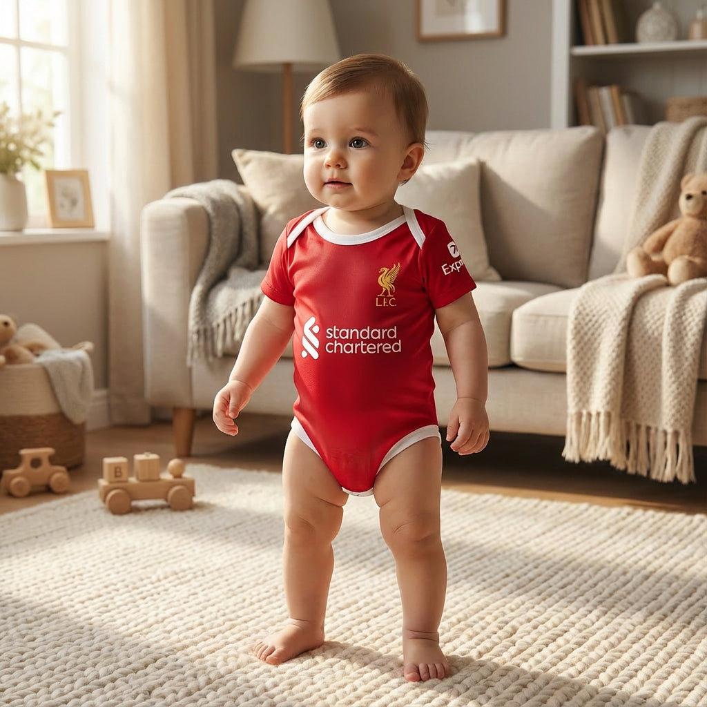 24/25 Liverpool Baby Bodysuit - a baby wearing a liverpool onesie in a living room while standing up | Dash Racegear