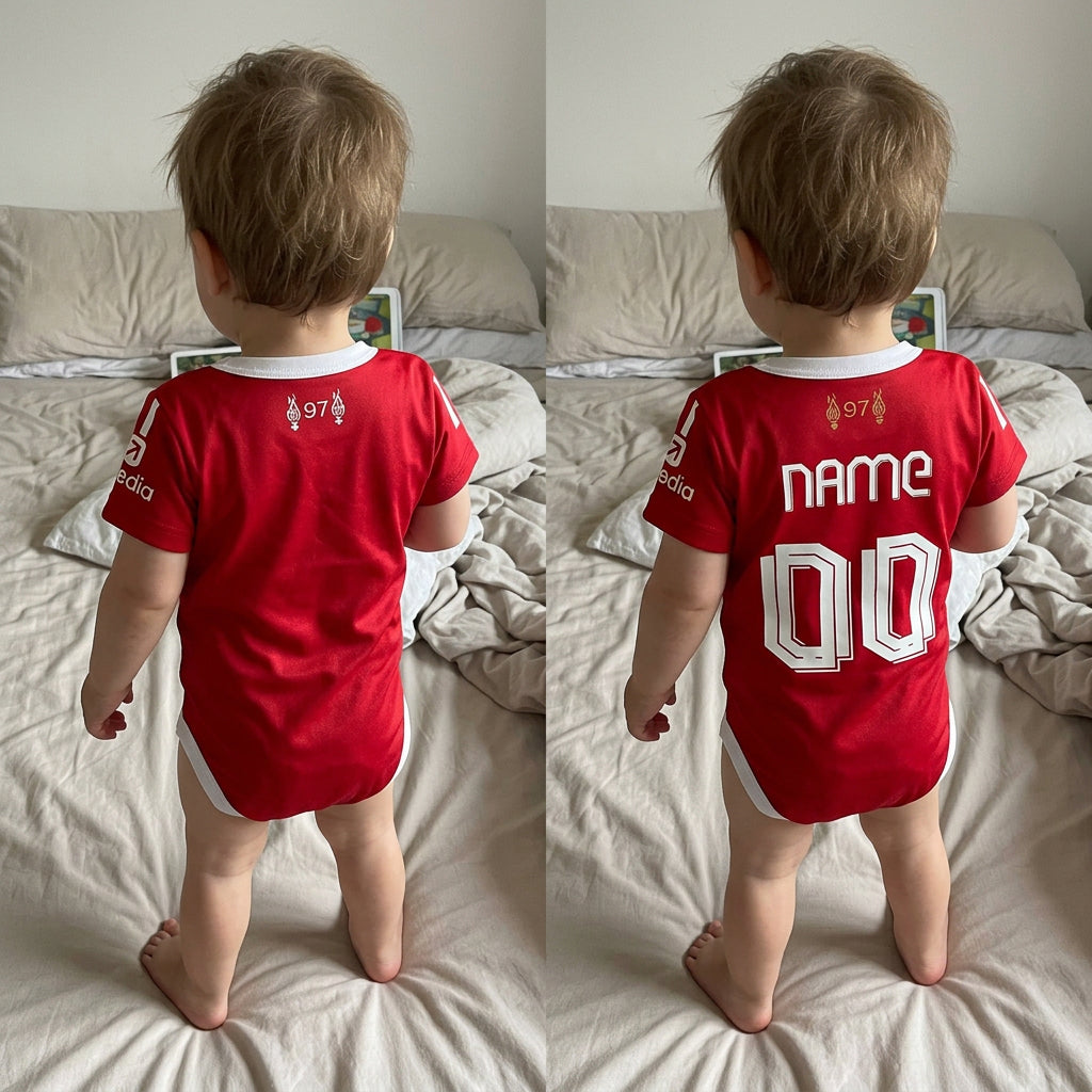 24/25 Liverpool Baby Bodysuit - a side by side collage of a baby wearing a personalized and a non personalized liverpool onesie | Dash Racegear