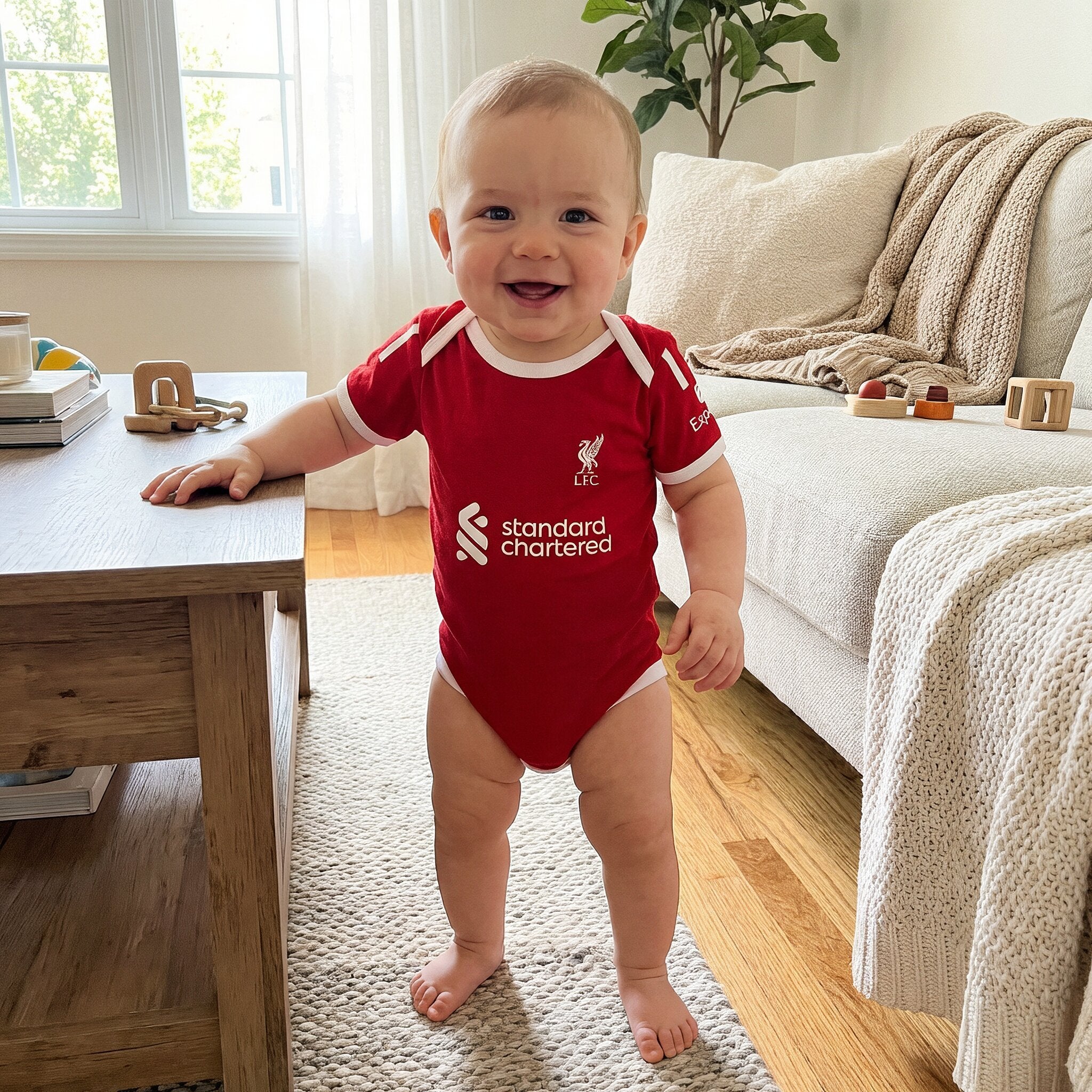25/26 Liverpool Baby Bodysuit - Smiling baby wearing Liverpool FC 25/26 red bodysuit standing in a sunny living room | Dash Racegear