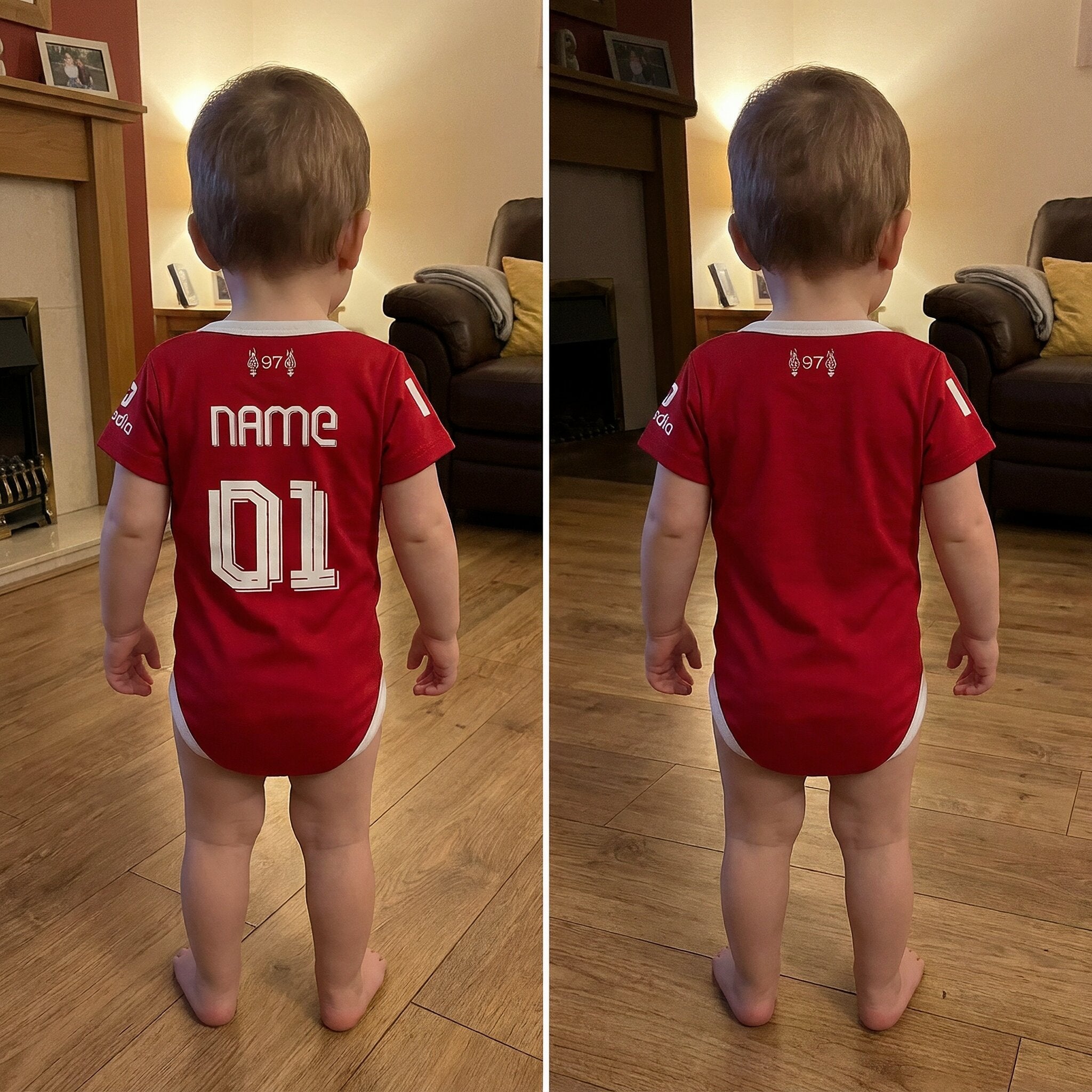 25/26 Liverpool Baby Bodysuit - Toddler wearing personalised Liverpool FC 25/26 bodysuit with custom name and number on back | Dash Racegear