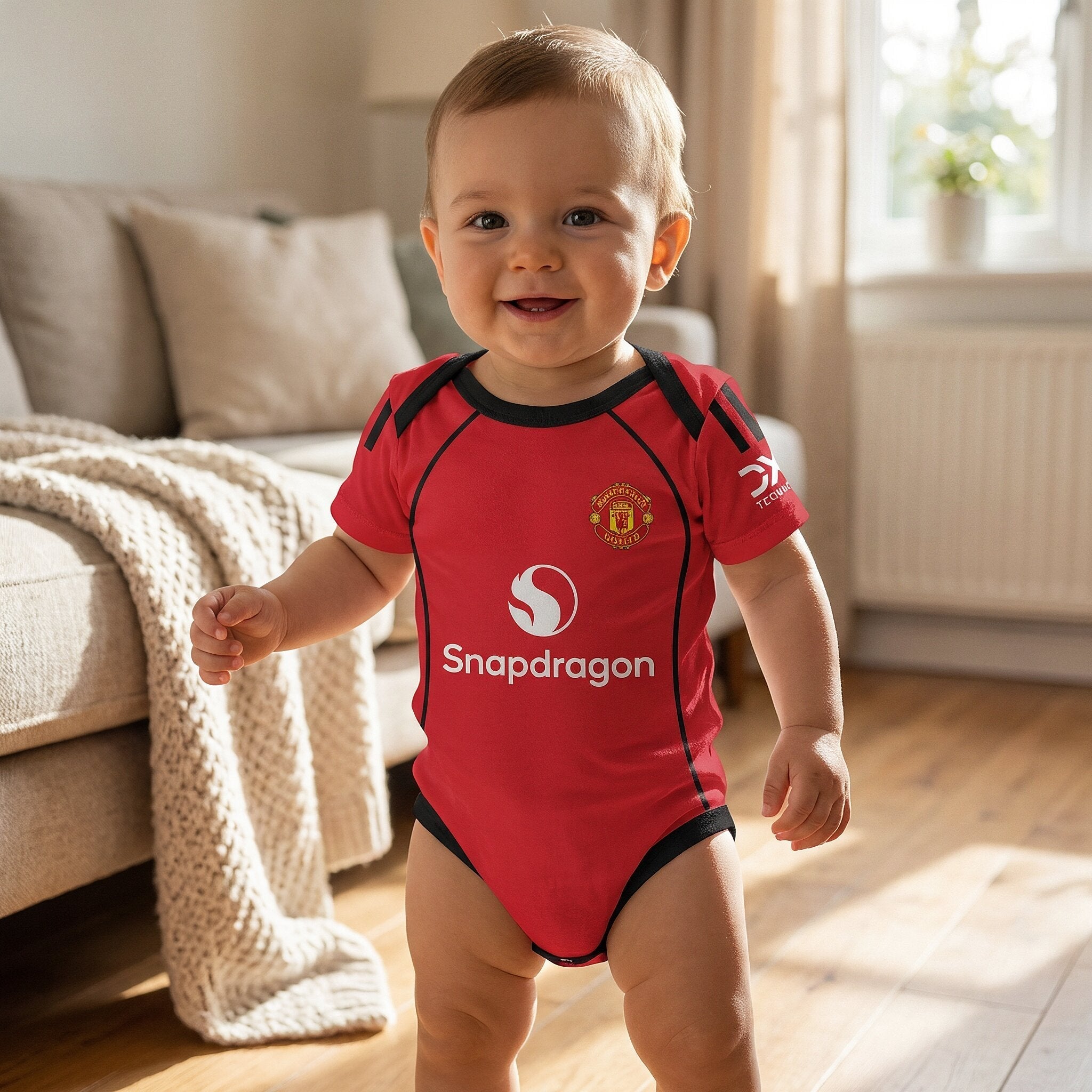 25/26 Manchester United Baby Bodysuit - smiling baby wearing Manchester United 25/26 red bodysuit standing in living room | Dash Racegear