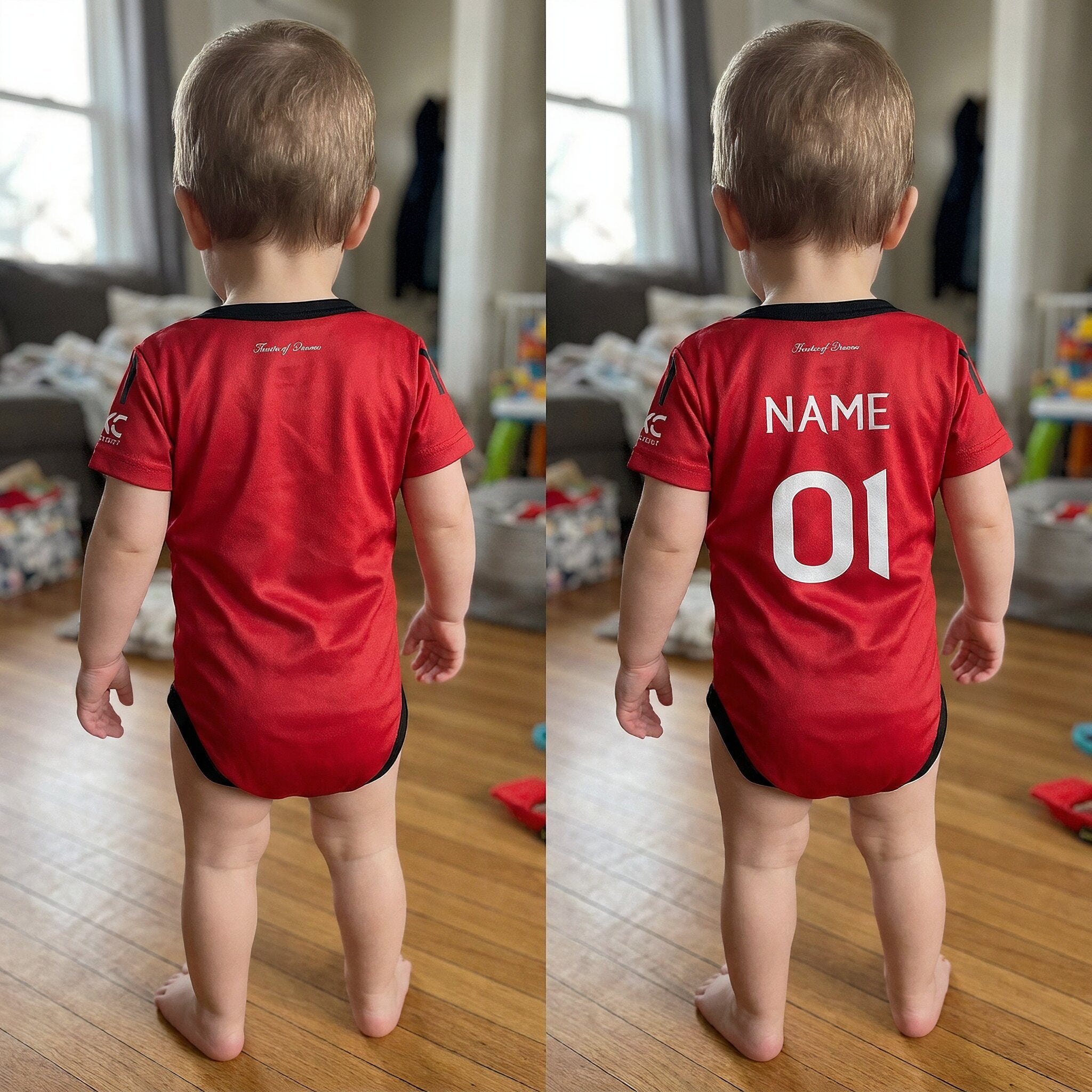 25/26 Manchester United Baby Bodysuit - toddler wearing Manchester United 25/26 bodysuit back showing custom name and number option | Dash Racegear