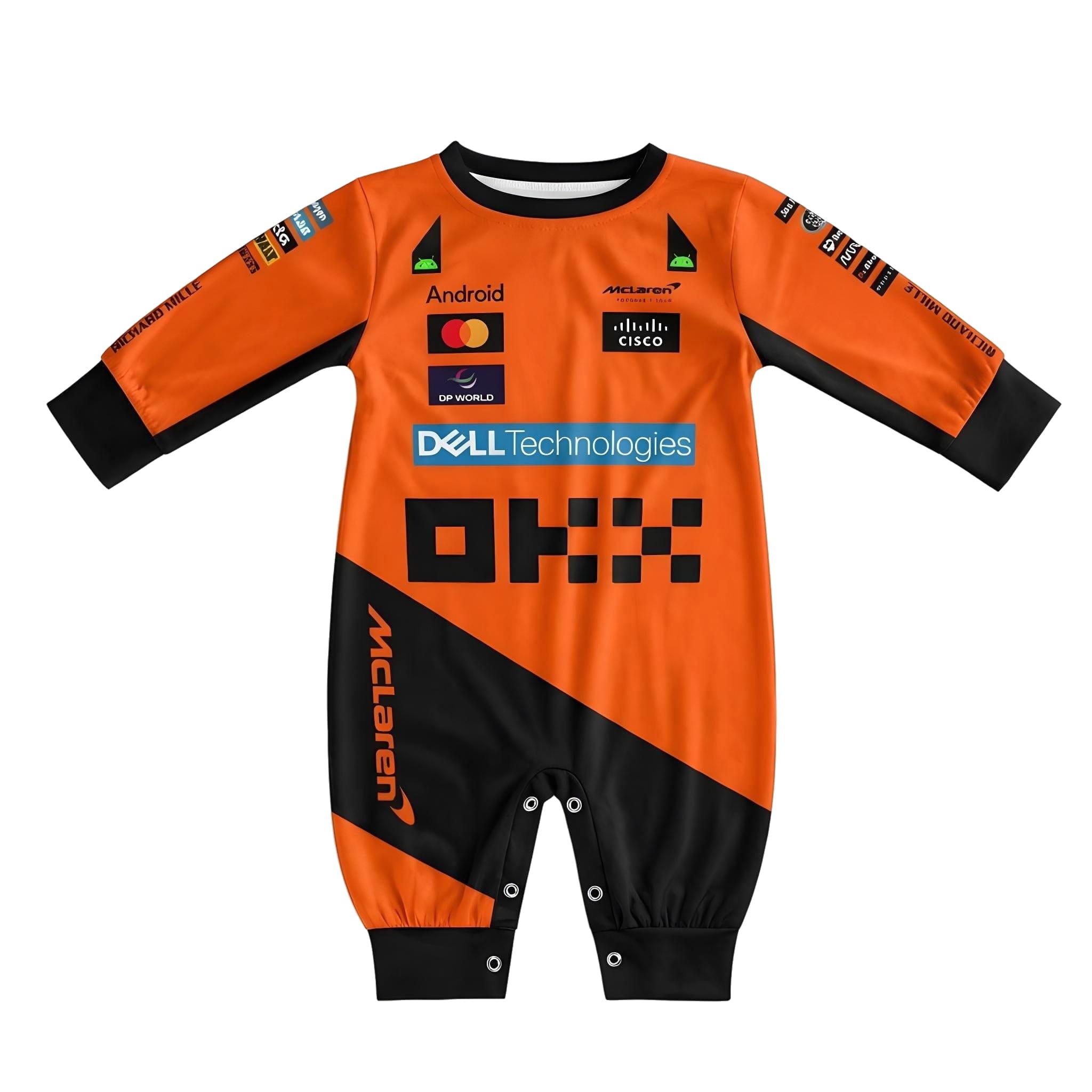 McLaren Longsleeve Jumpsuit 2025 - mclaren baby racing bodysuit front | Dash Racegear