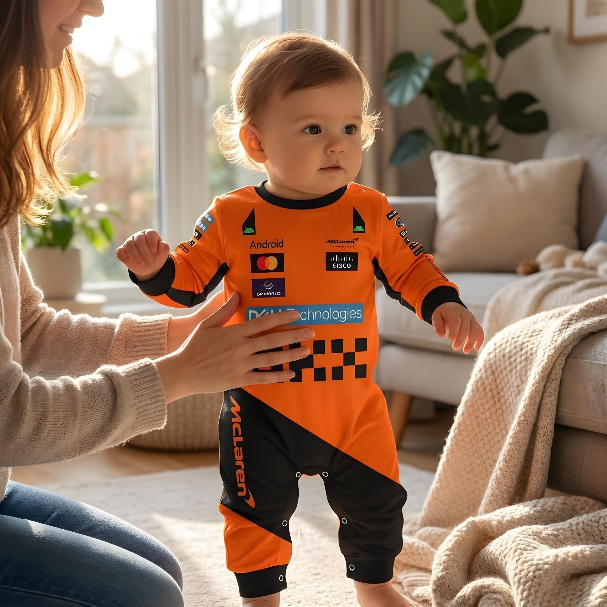 McLaren Longsleeve Jumpsuit 2025 - toddler with parent wearing mclaren baby onesie racing bodysuit | Dash Racegear