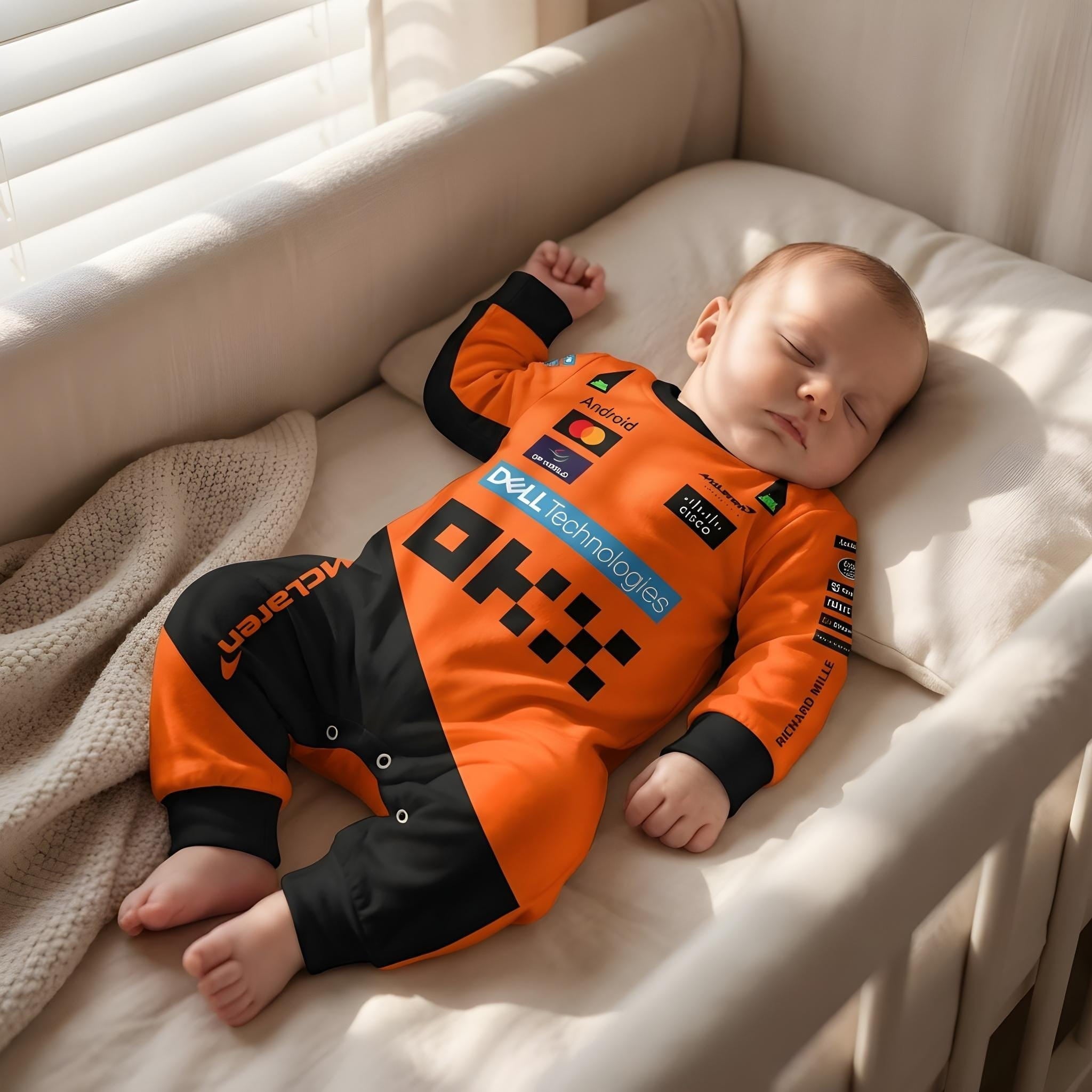 McLaren Longsleeve Jumpsuit 2025 - sleeping newborn wearing mclaren racing baby onesie | Dash Racegear