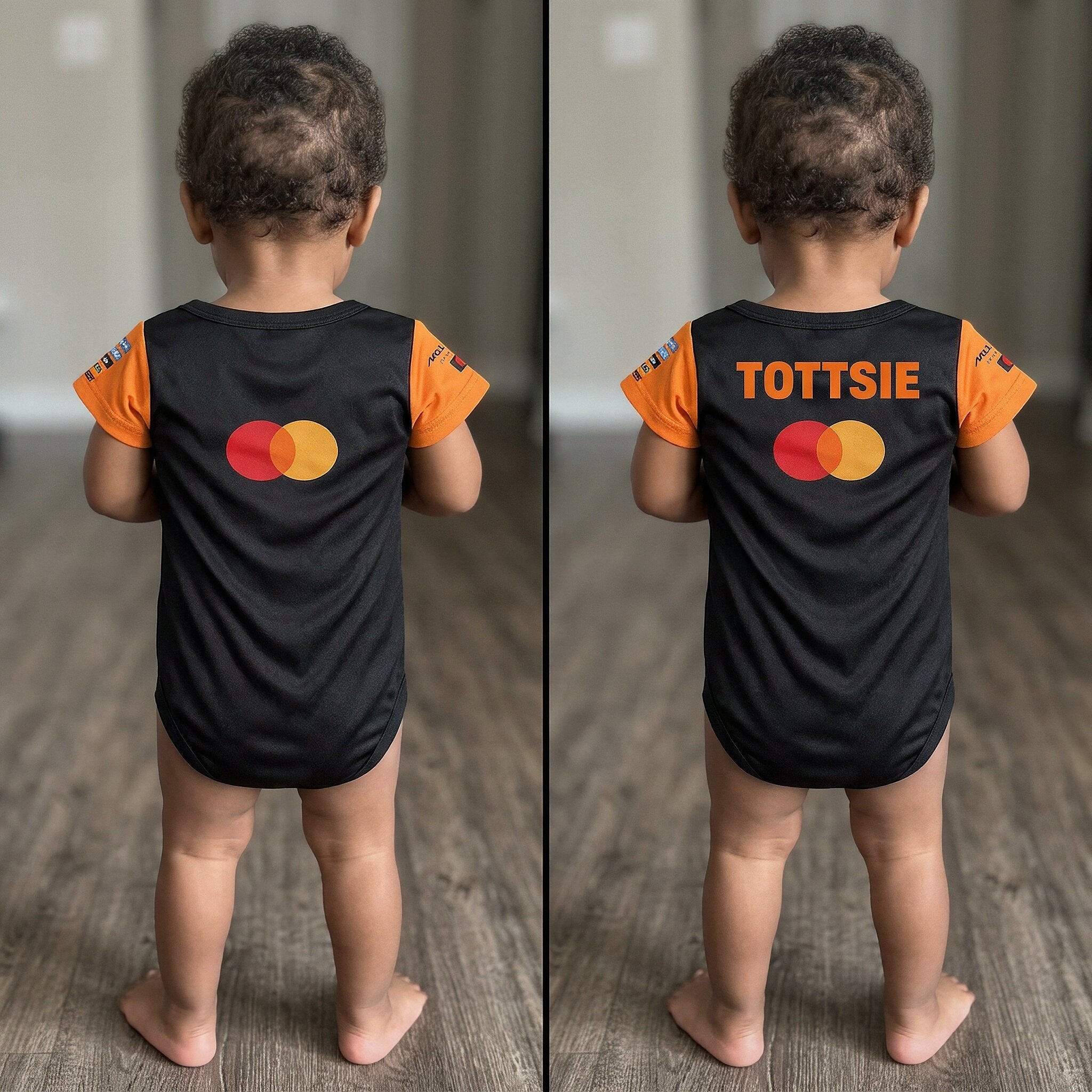 McLaren Baby Bodysuit Onesie 2025 - side by side personalization comparison with a toddler wearing mclaren babyb bodysuit onesie | Dash Racegear