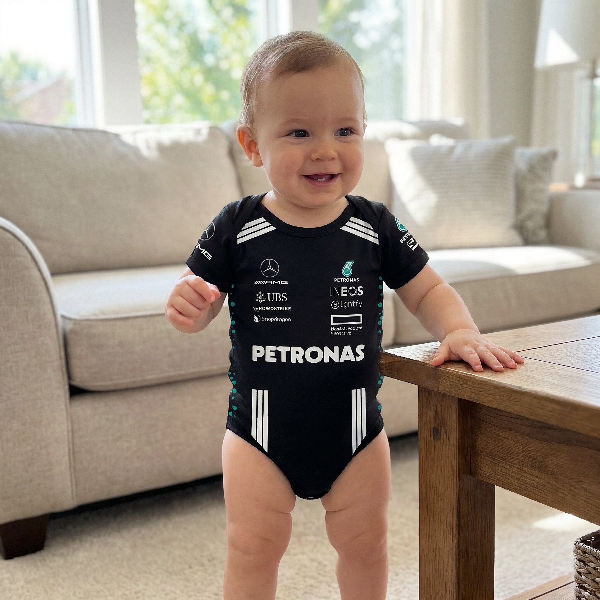 Mercedes Baby Bodysuit Onesie 2025 - toddler dressed in a 2025 season mercedes f1 racing team's bodysuit | Dash Racegear