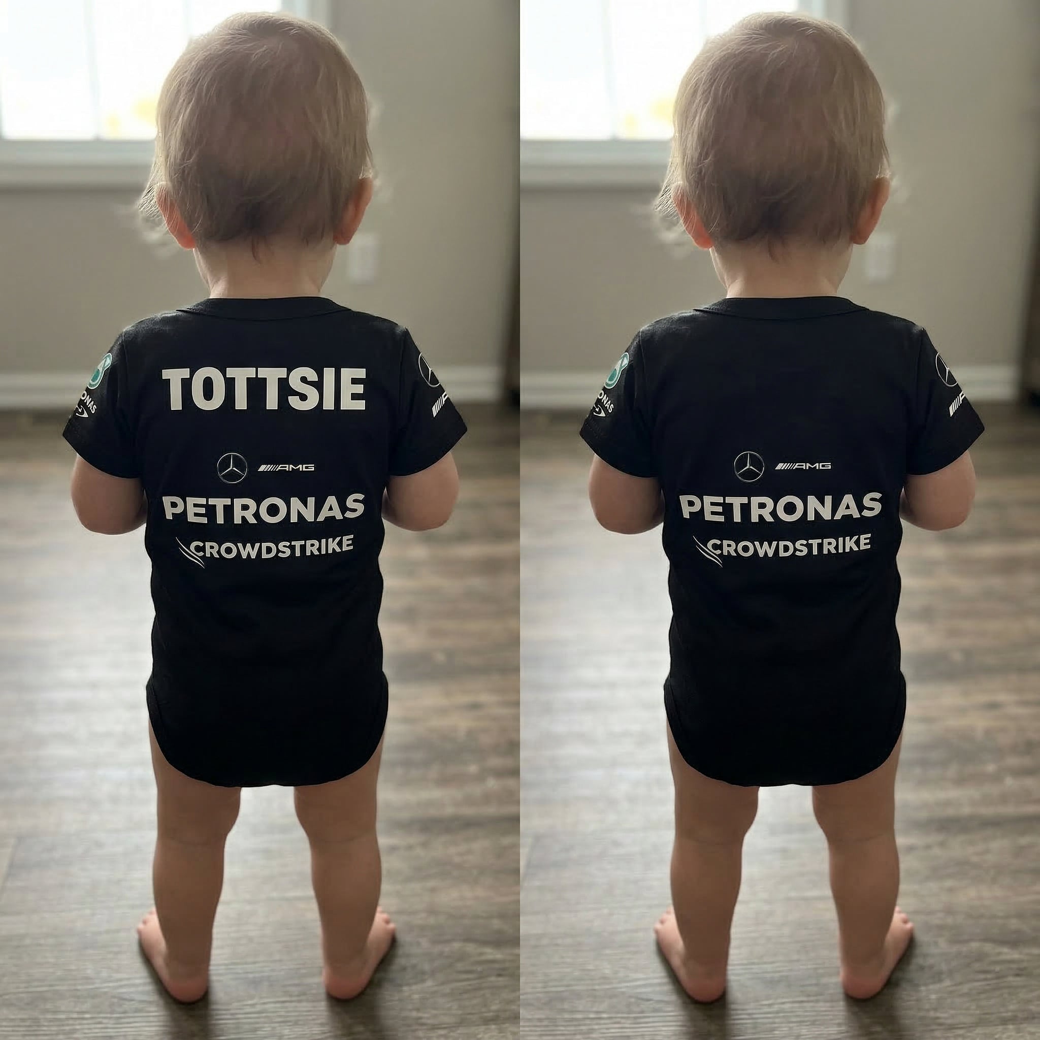 Mercedes Baby Bodysuit Onesie 2025 - comparison image of personalization of mercedes f1 baby onesie bodysuit | Dash Racegear