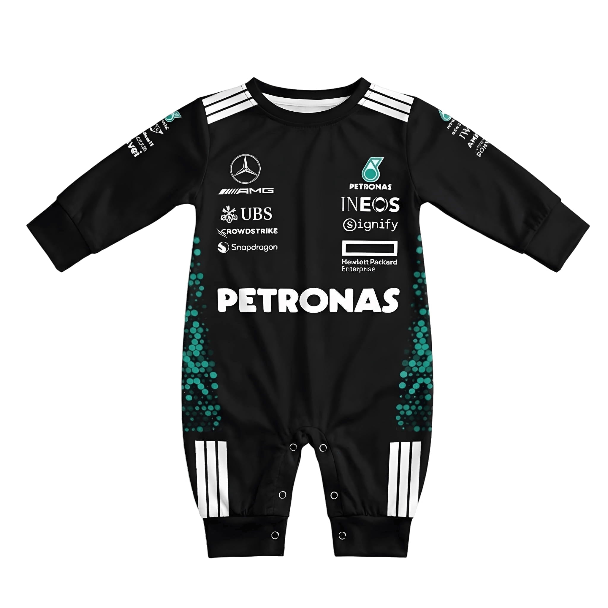 Mercedes Longsleeve Jumpsuit 2025 - mercedes amg formula one baby onesie front | Dash Racegear