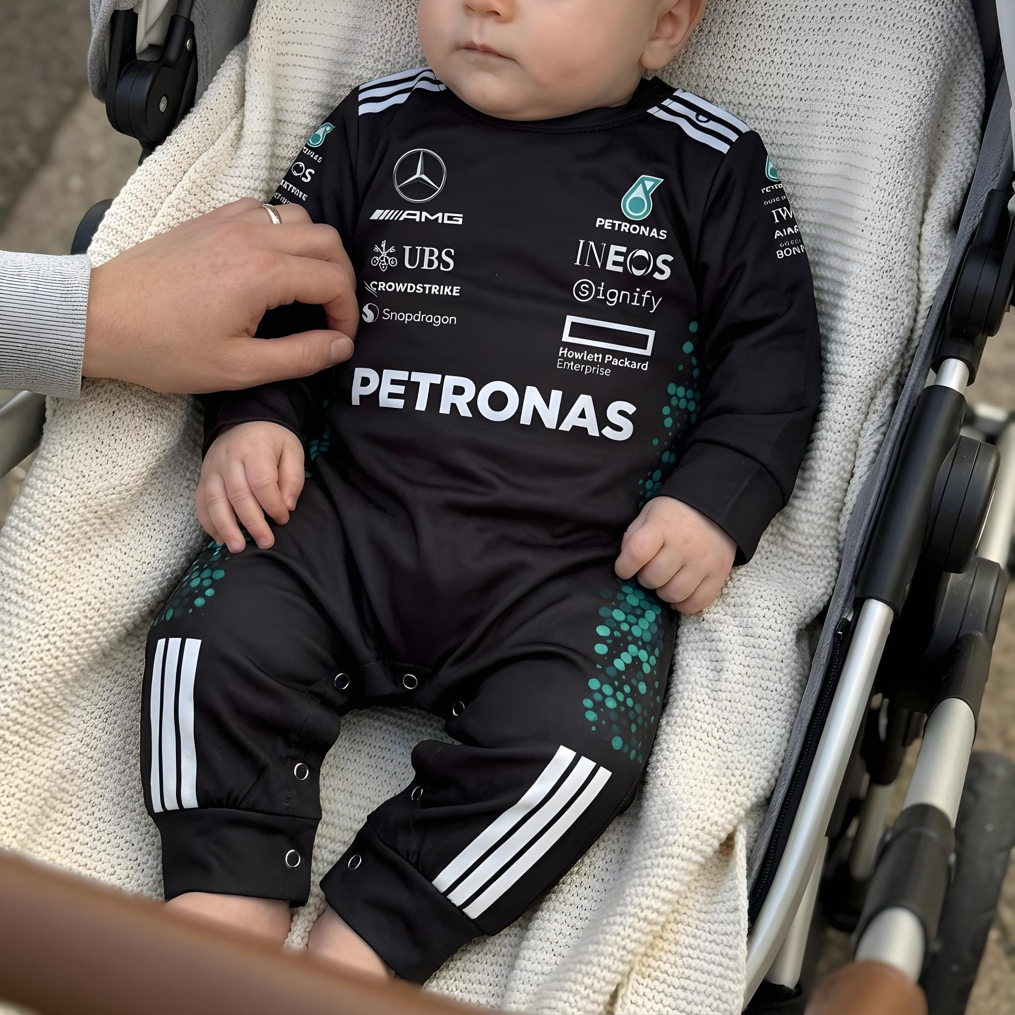 Mercedes Longsleeve Jumpsuit 2025 - baby instroller wearing mercedes amg formula bodysuit | Dash Racegear