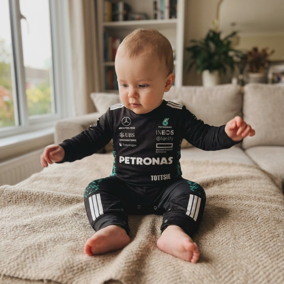 Mercedes Longsleeve Jumpsuit 2025 - Mercedes Benz Amg racing Formula One inspired baby oneise video | Dash Racegear