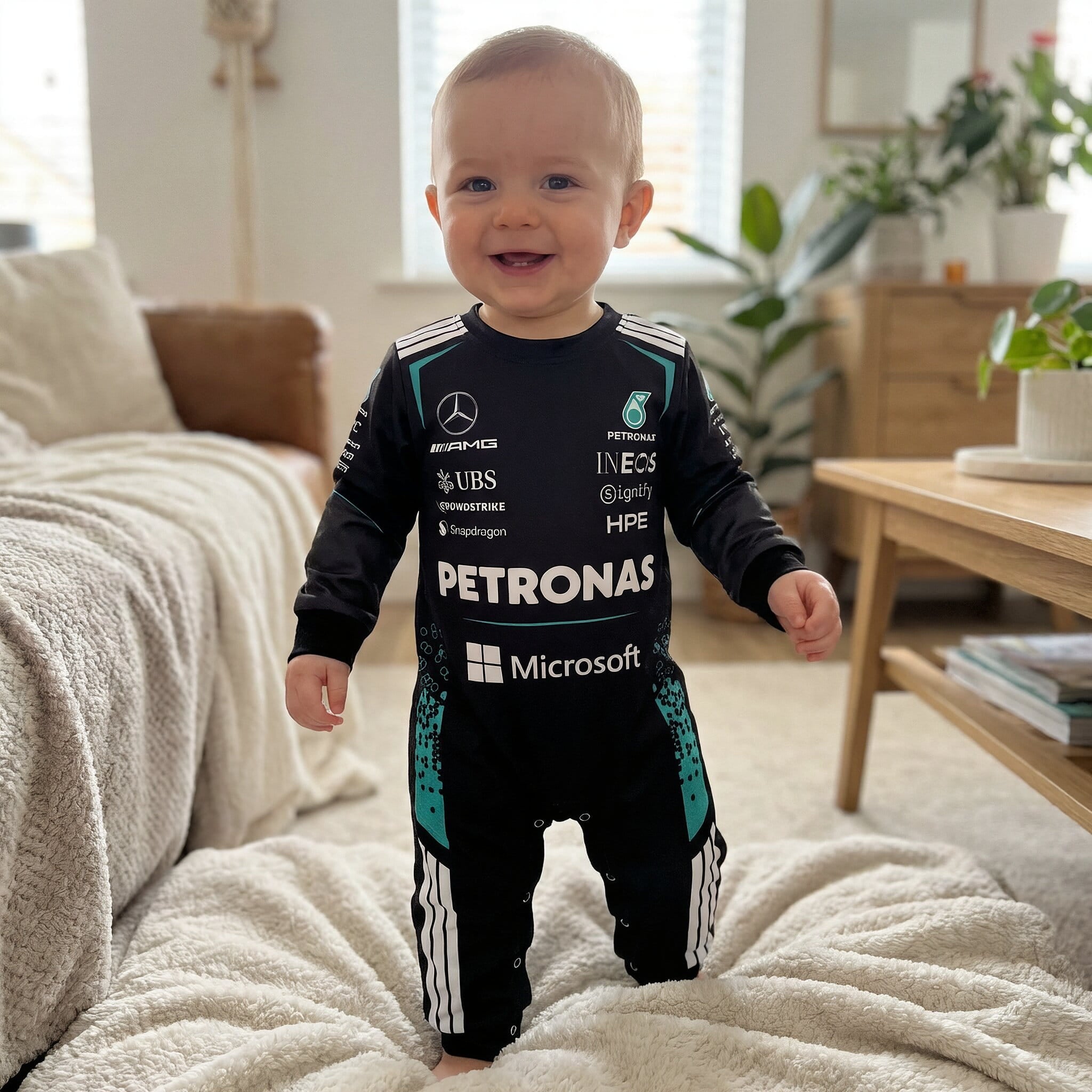 Mercedes Longsleeve Baby Onesie Jumpsuit 2026 - toddler wearing a 2026 season mercedes amg fomula one themed baby onesie jumpsuit in a living room | Dash Racegear